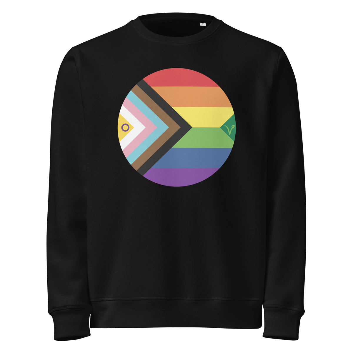 Schwarzer Sweatshirt mit großem Kreisaufdruck aus Regenbogen und schwarzem Pfeil