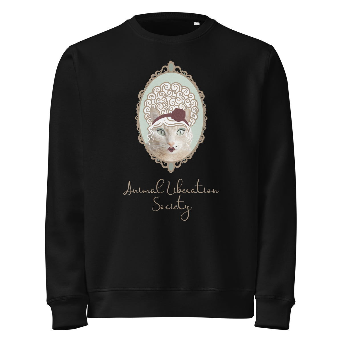 Schwarzes Sweatshirt mit Katzenporträt im ornamentierten Rahmen und Schriftzug