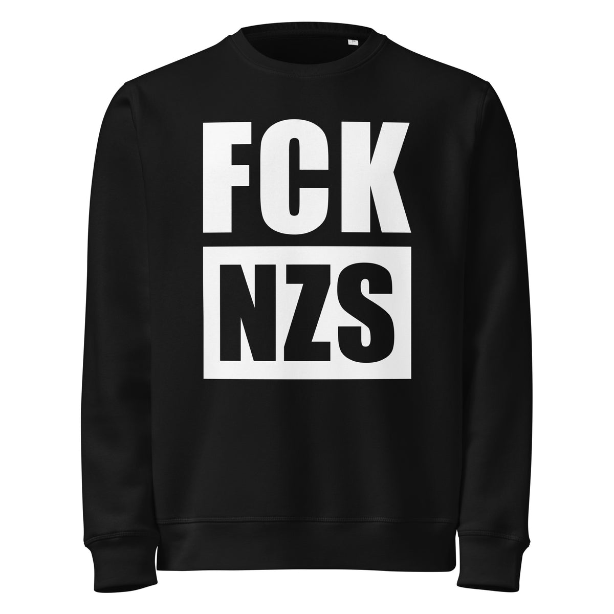 Schwarzes Sweatshirt mit großem Frontprint „FCK NZS“