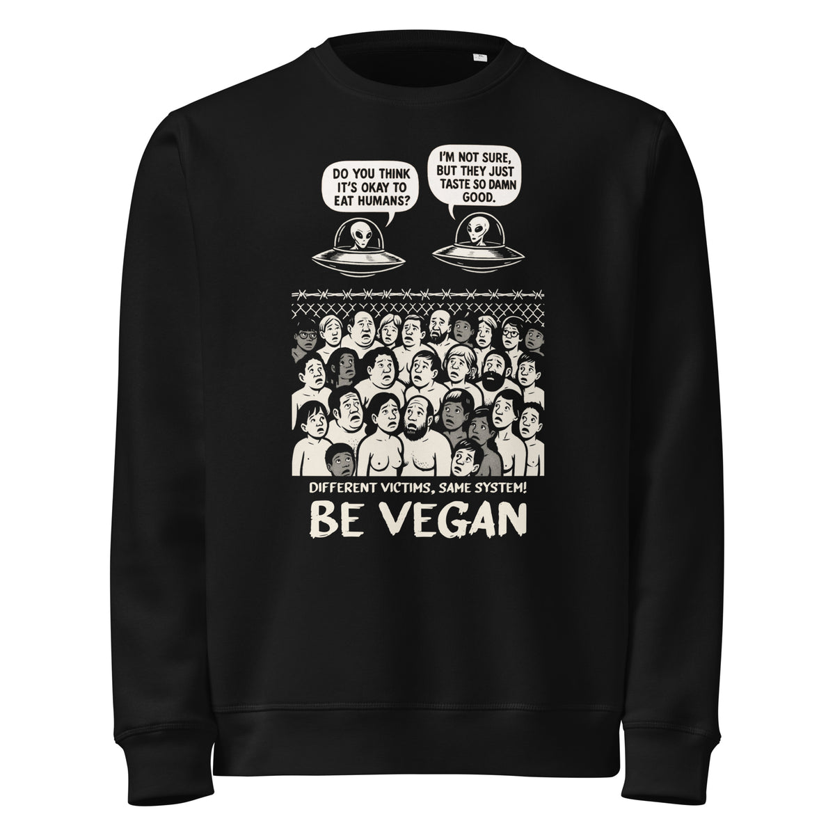 Schwarzer Sweatshirt mit Frontprint „BE VEGAN“ und Alien-Comic-Grafik, Rundhalsausschnitt