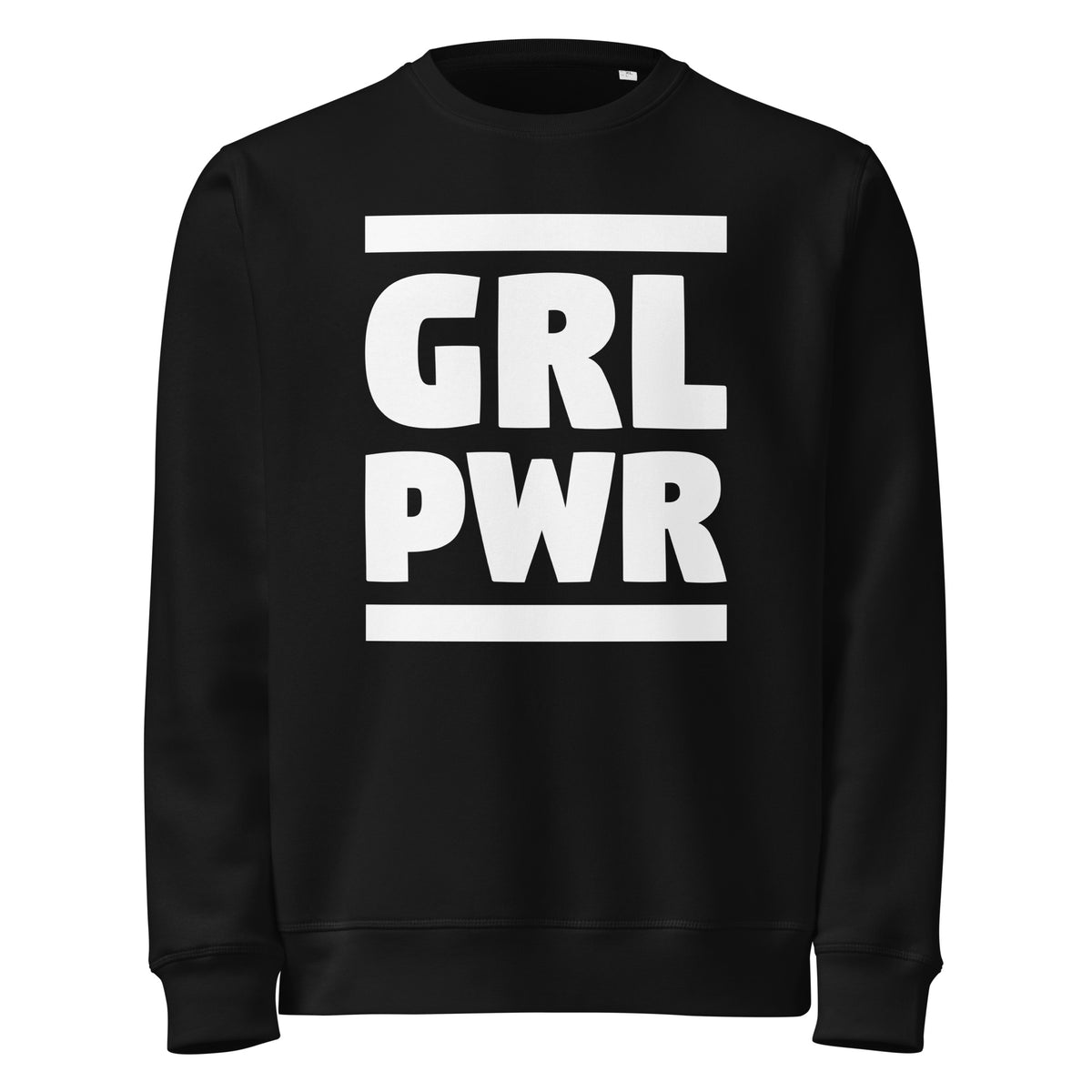 Schwarzes Sweatshirt mit rundem Halsausschnitt und großem „GRL PWR“-Print vorne