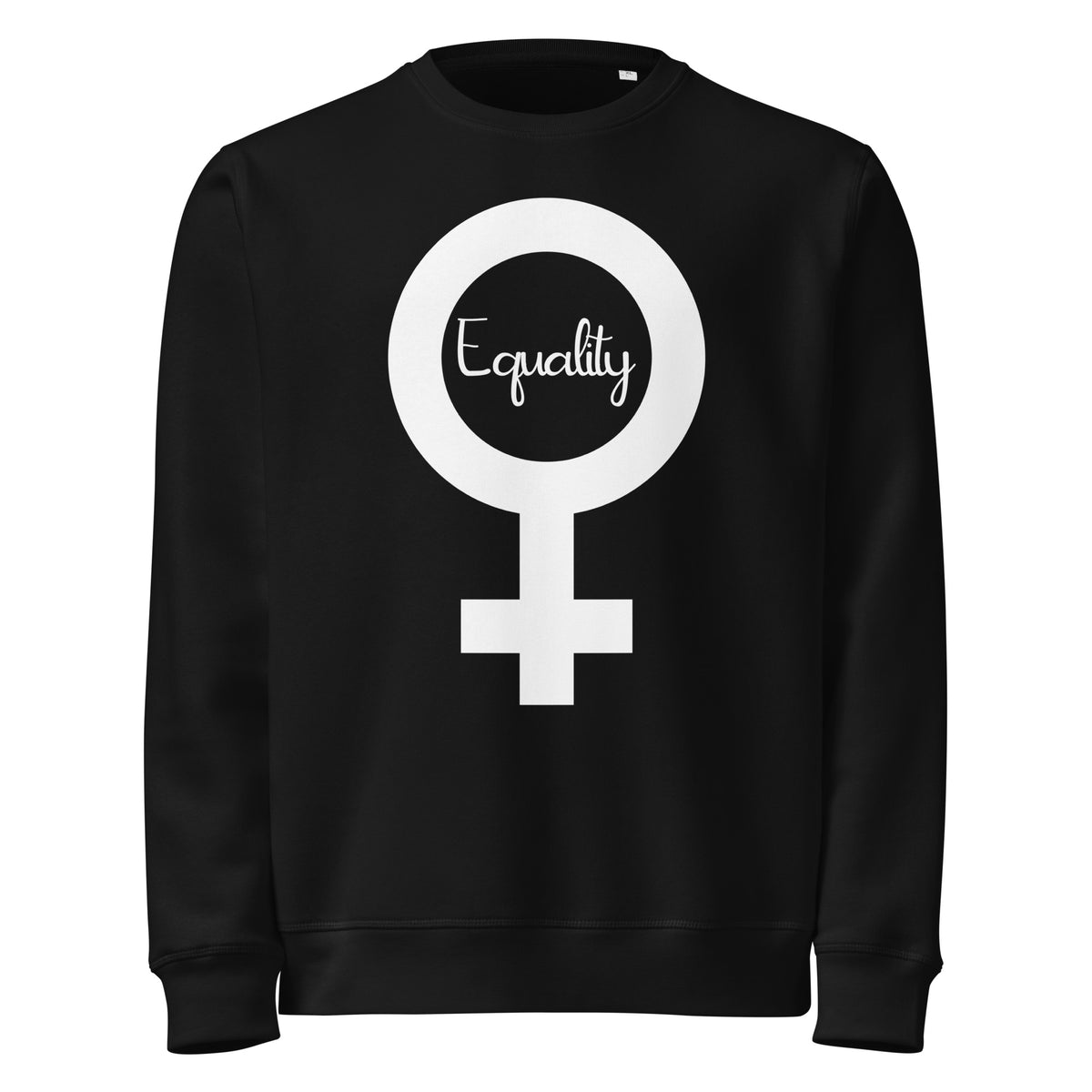 Veganes Bio-Sweatshirt, schwarz, großes Damen-Symbol mit „Equality“-Schrift