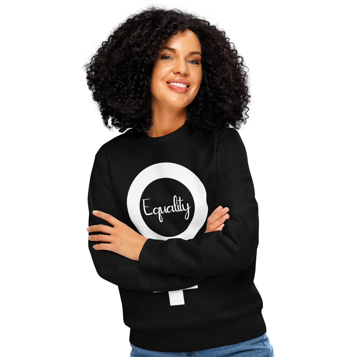 Veganes Bio-Sweatshirt, schwarz, Damen-Symbol mit „Equality“-Schrift am Modell