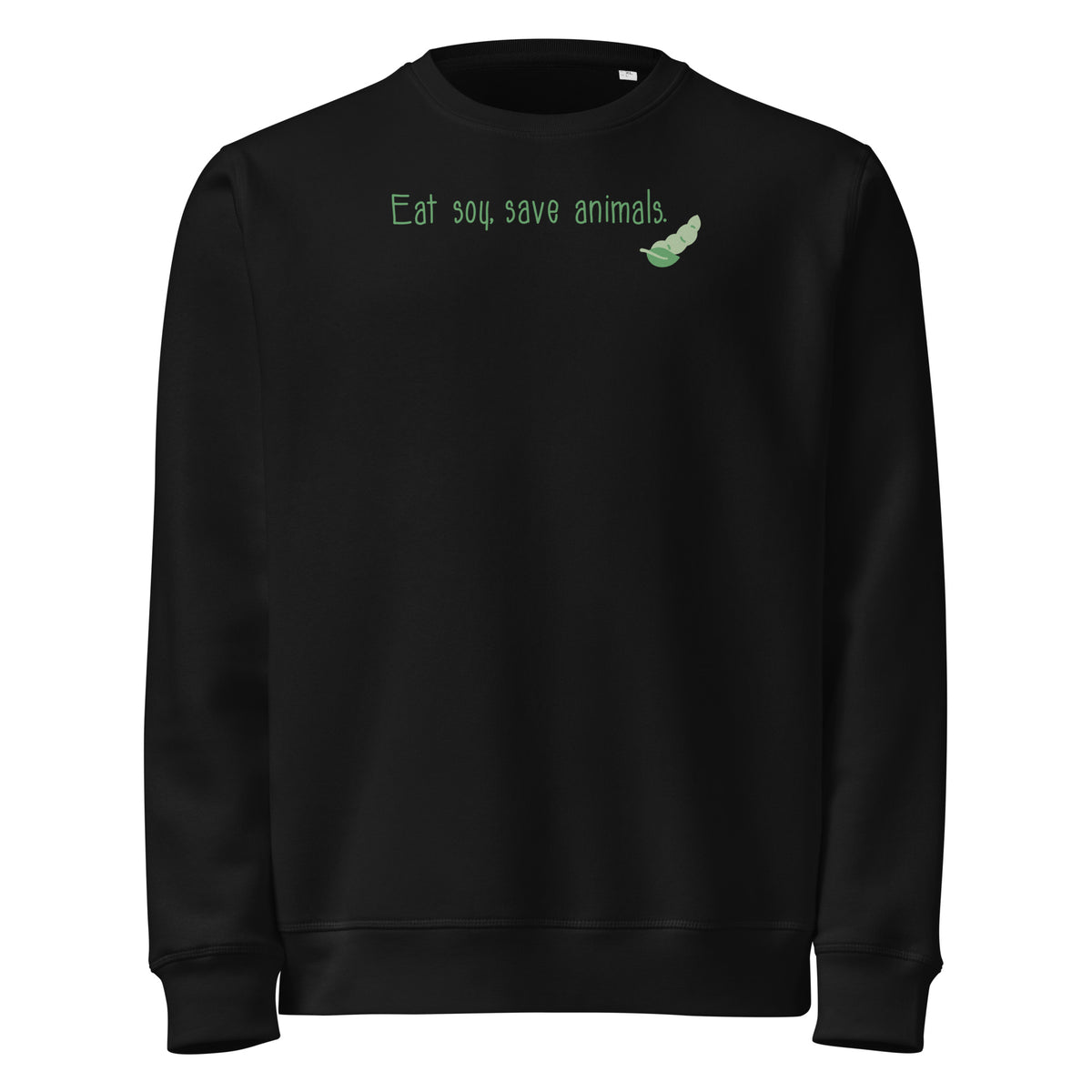 Schwarzes Bio-Sweatshirt mit Brustprint „Eat soy, save animals“ und kleinem Tiermotiv