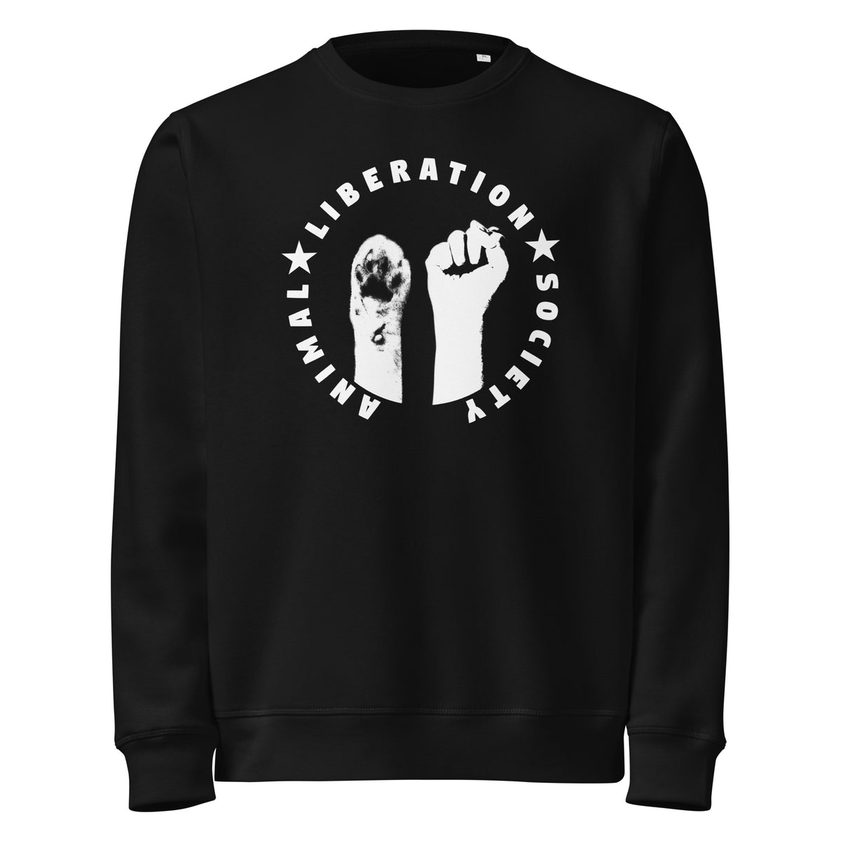 Schwarzes Sweatshirt mit Runddruck: erhobene Faust und Pfote, gerippter Saum