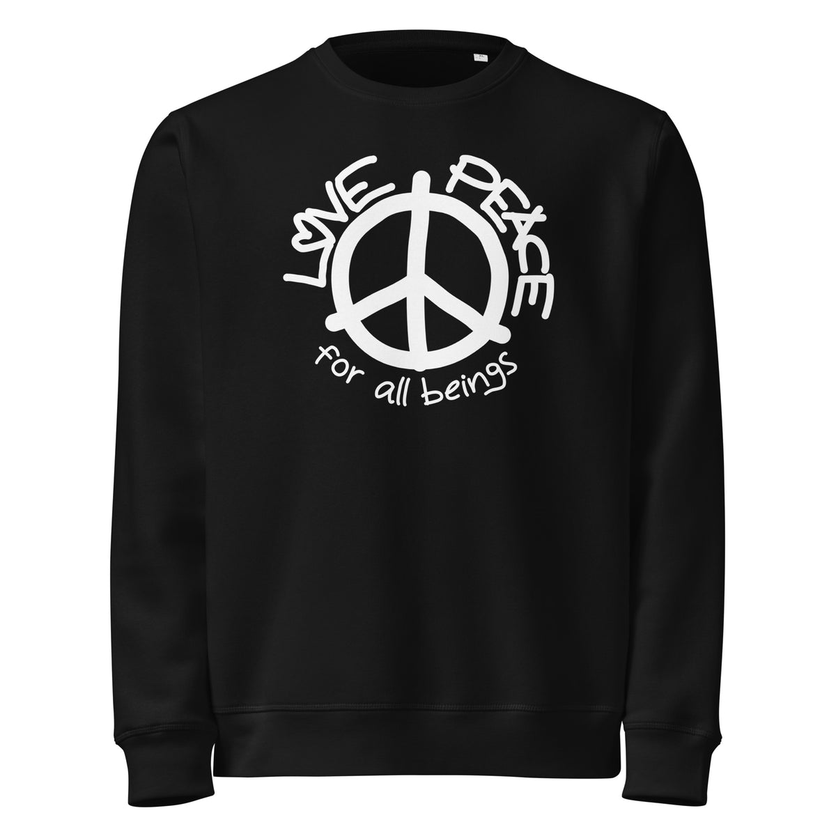 Schwarzer Bio-Sweatshirt mit Peace-Logo und LOVE-PEACE-Print vorn