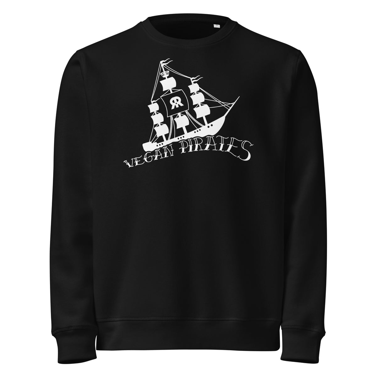 Veganes Bio-Sweatshirt schwarz mit Piratenschiff- und Schriftzug-Print vorn