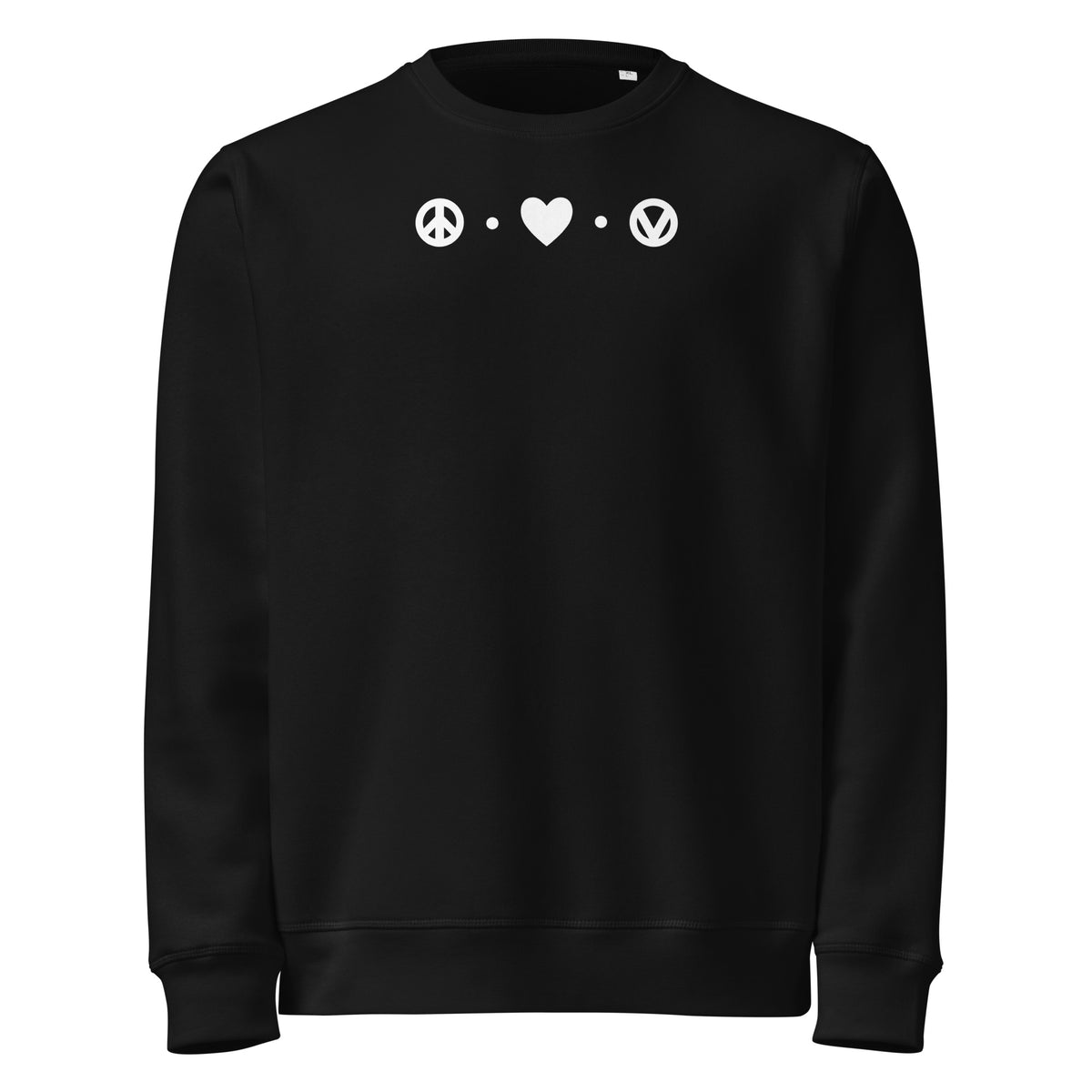 Veganes Sweatshirt in Schwarz mit Peace- und Herz-Motiv sowie Vegan-Icon auf der Brust