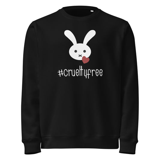 Schwarzer Sweatshirt mit Rundhalsausschnitt und Kaninchen-Print vorn sowie Slogan