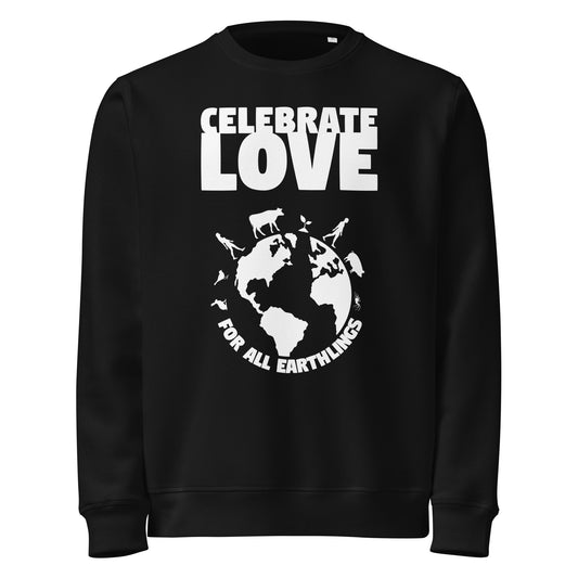 Schwarzes Sweatshirt mit großem „CELEBRATE LOVE“-Erdgrafik vorne