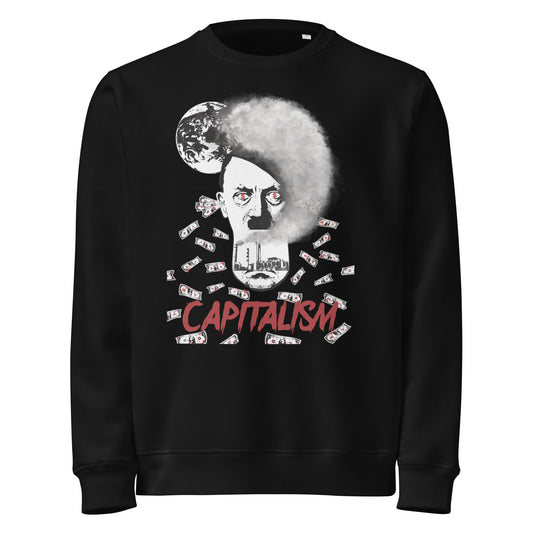 Schwarzer Sweatshirt mit großem Frontprint: Porträt mit 'CAPITALISM'
