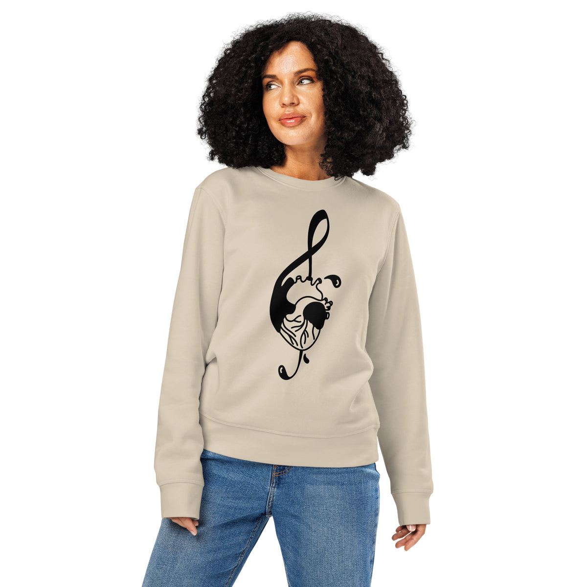 Beiges Sweatshirt mit Musikherz-Frontdruck, Rundhalsausschnitt und langen Ärmeln