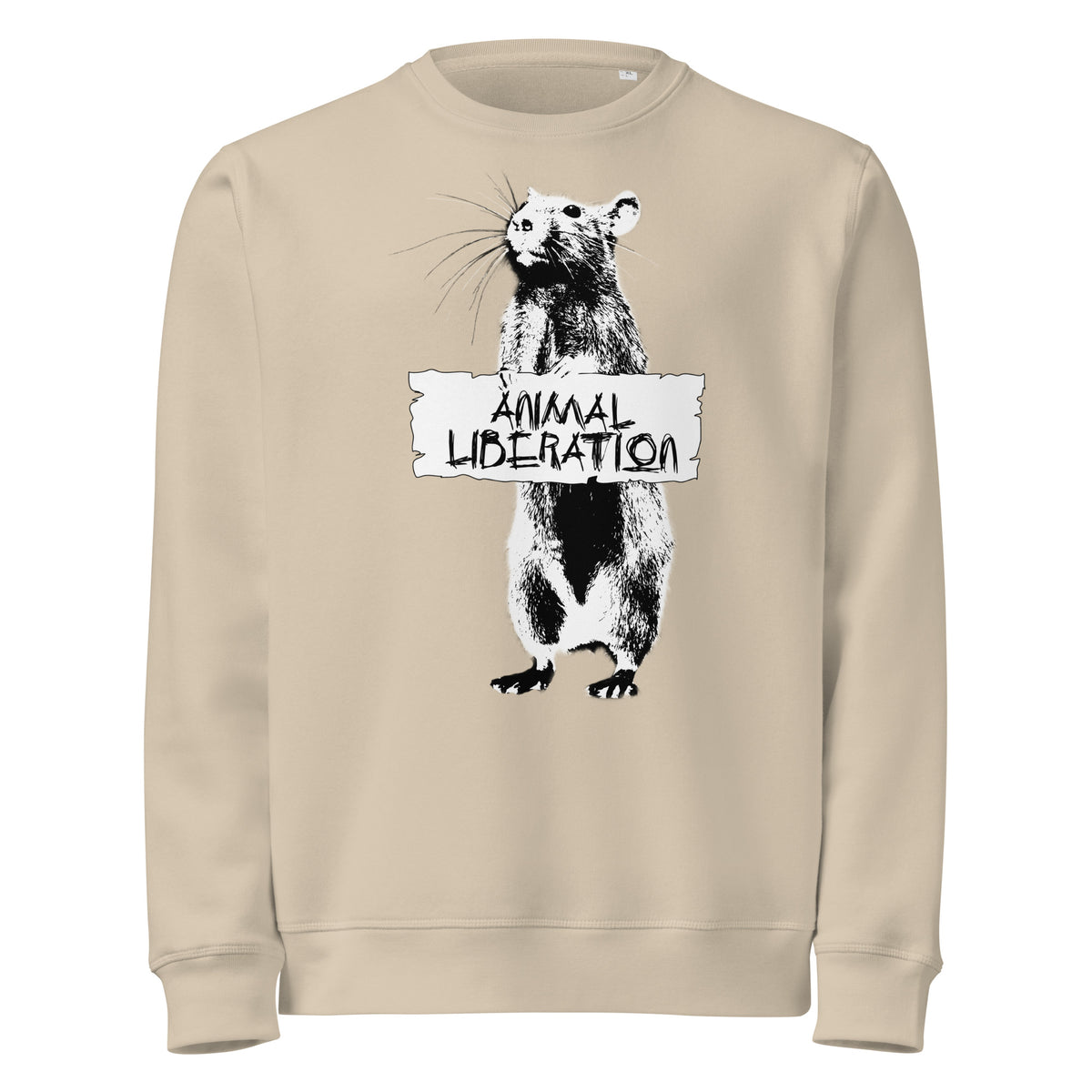 Veganes Bio-Sweatshirt, hellbeige, Rundhalsausschnitt, Frontprint „Animal Liberation“