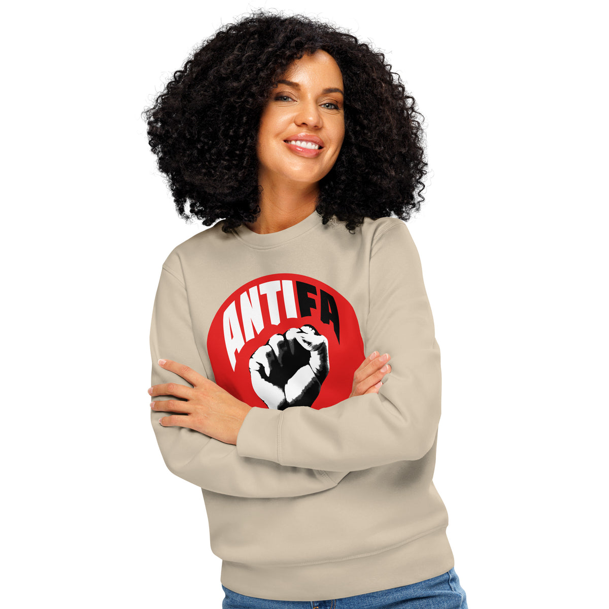 Beiges Sweatshirt mit Runddruck ANTIFA, lässig getragen