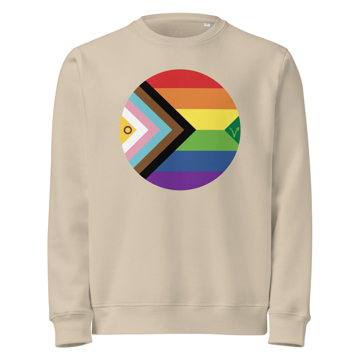 Beiger Sweatshirt mit großem Kreisaufdruck aus Regenbogen und schwarzem Pfeil