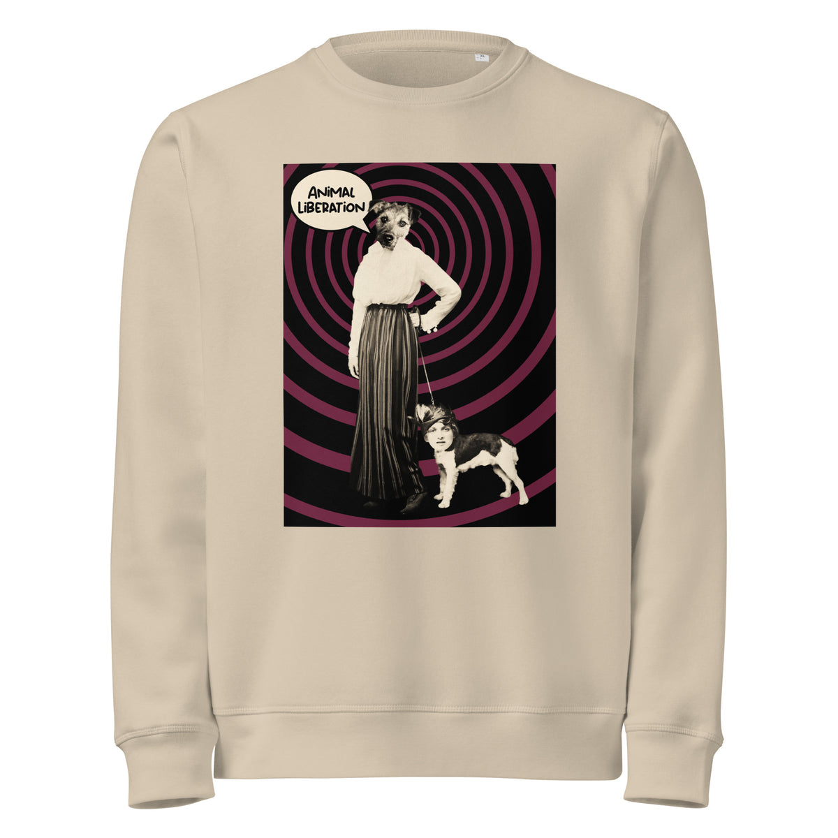 Beiges Sweatshirt mit Rundhalsausschnitt und großem Tierschutz-Print vorn