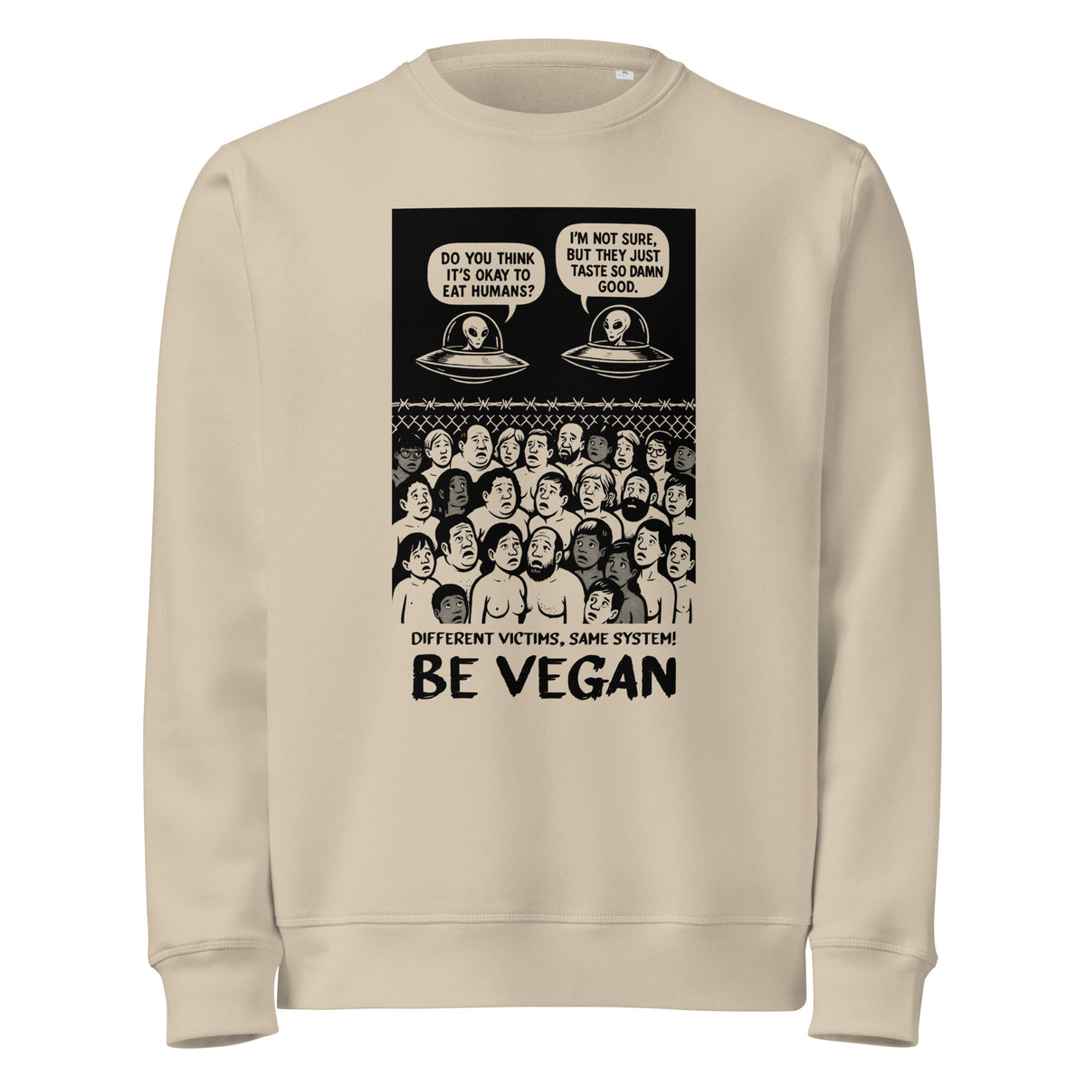 Beigefarbener Sweatshirt mit Frontprint „BE VEGAN“ und Alien-Comic-Grafik, Rundhalsausschnitt