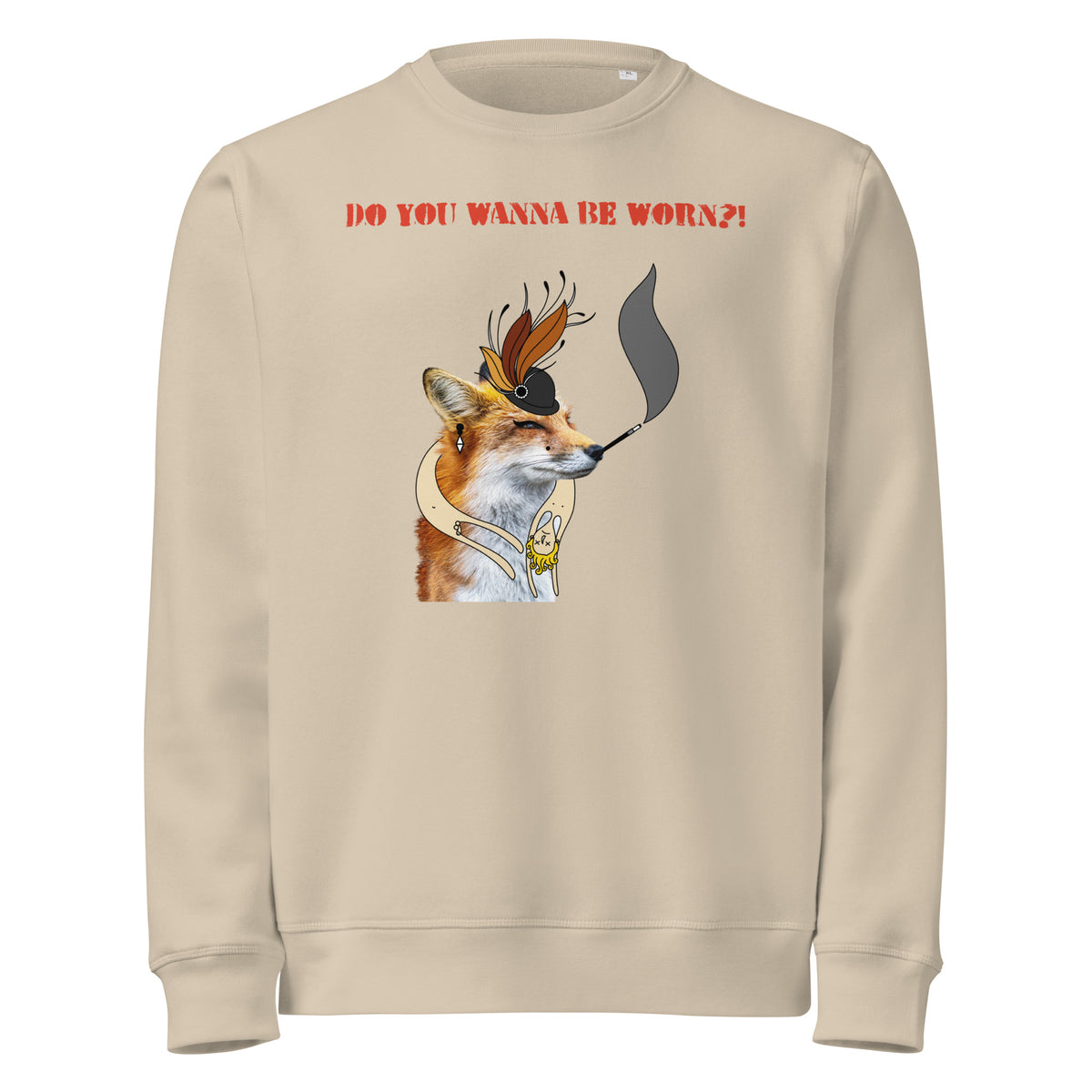 Beiger Sweatshirt mit Fuchs-Illustration und roter Aufschrift vorne