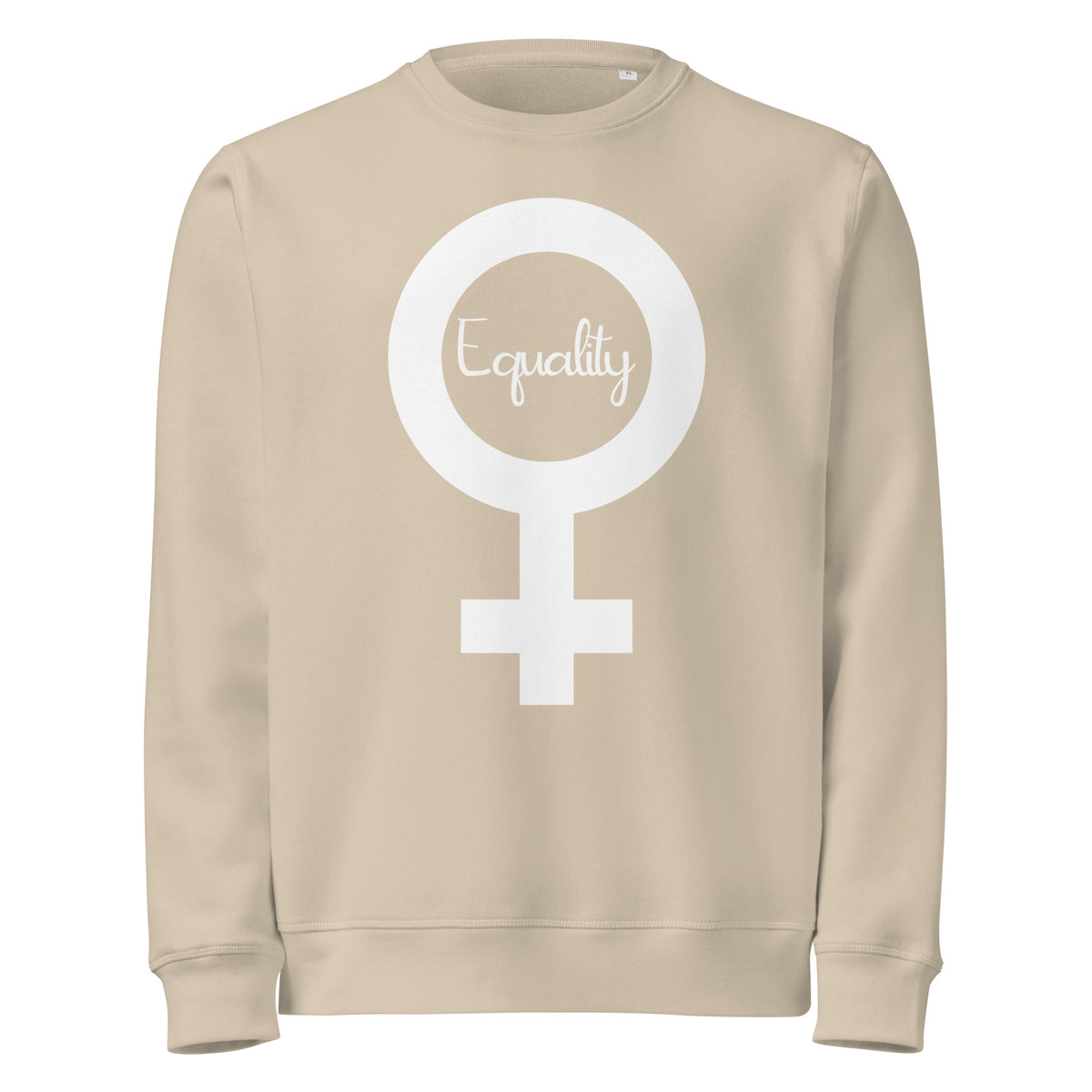 Veganes Bio-Sweatshirt, Desert Dust, großes Damen-Symbol mit „Equality“-Schrift