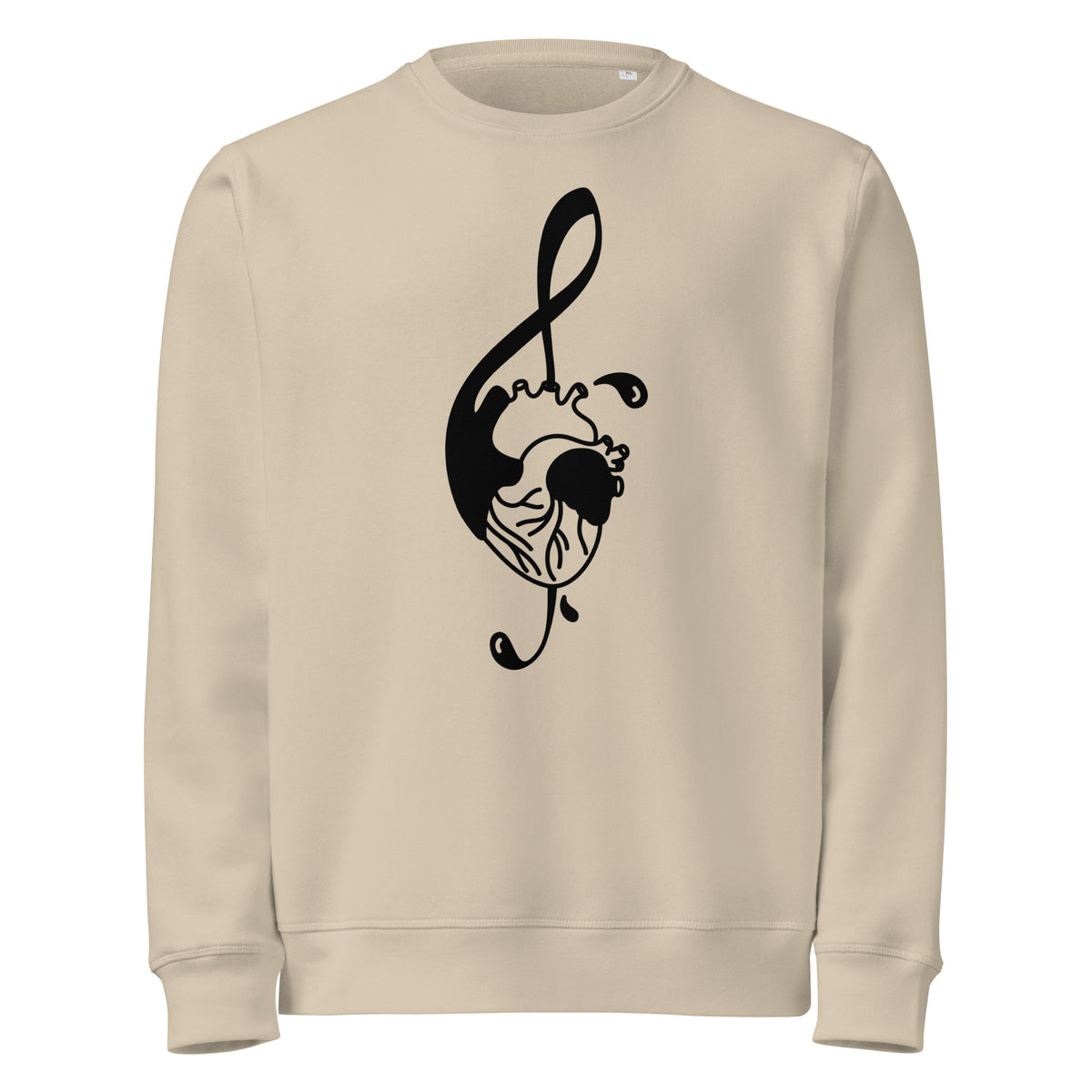 Beiges Sweatshirt mit schwarzem Musikherz-Illustrationsdruck auf der Vorderseite