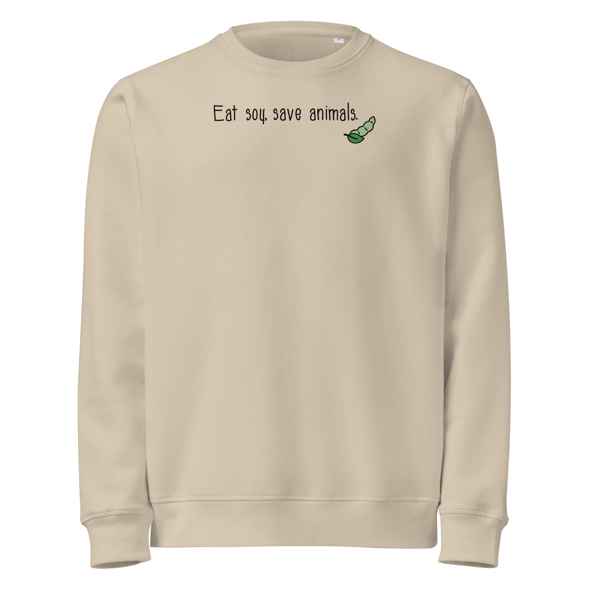 Beiges Bio-Sweatshirt mit Brustprint „Eat soy, save animals“ und kleinem Tiermotiv