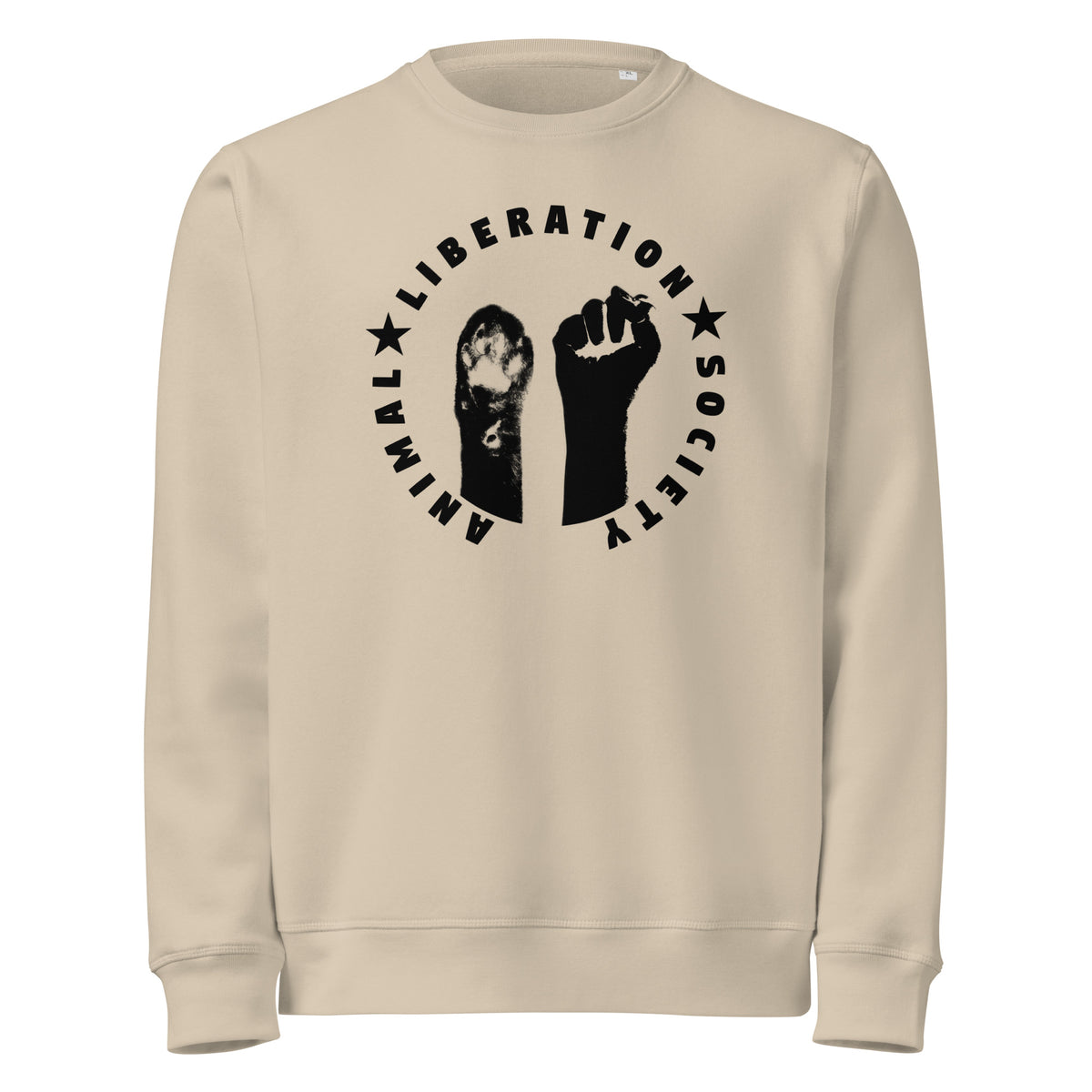 Beiges Sweatshirt mit Runddruck: erhobene Faust und Pfote, gerippter Saum