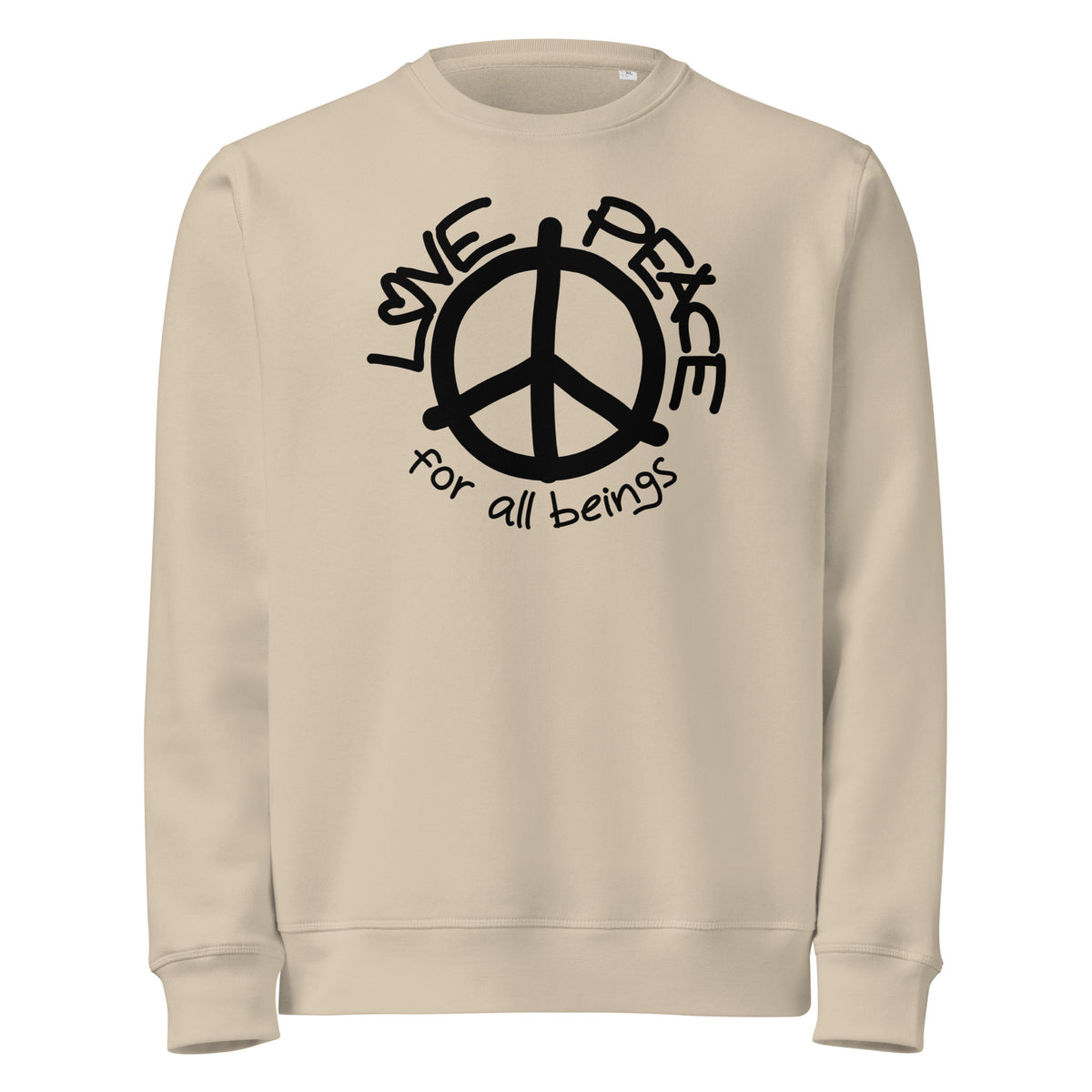 Beiger Bio-Sweatshirt mit Peace-Logo und „for all beings“-Schriftzug vorn