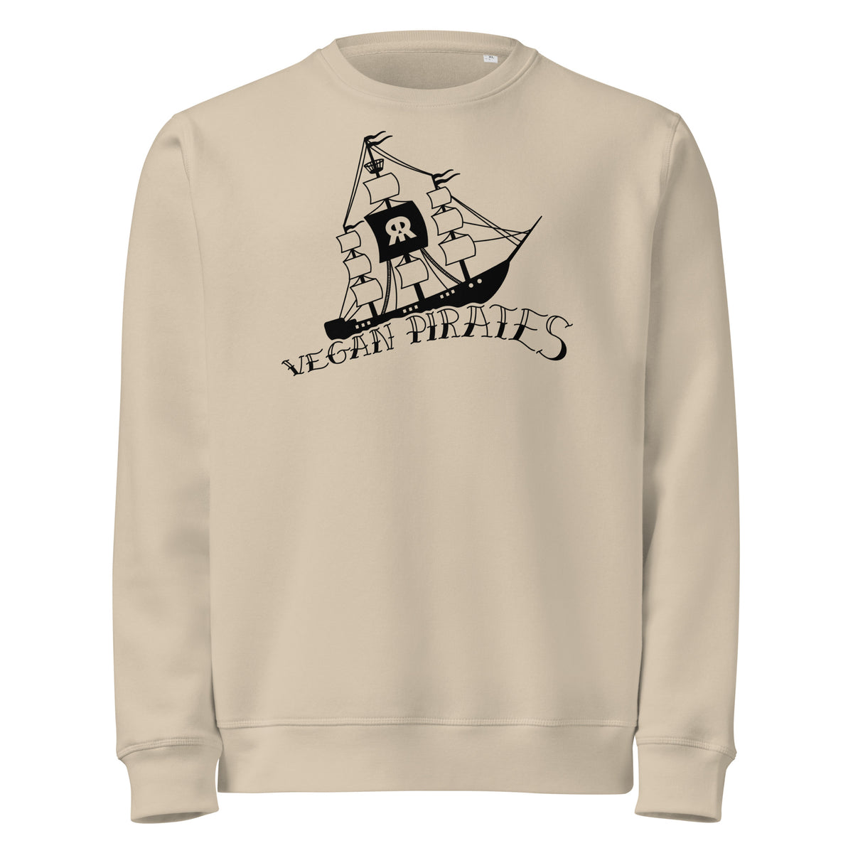 Veganes Bio-Sweatshirt hellbeige mit Piratenschiff-Print vorn