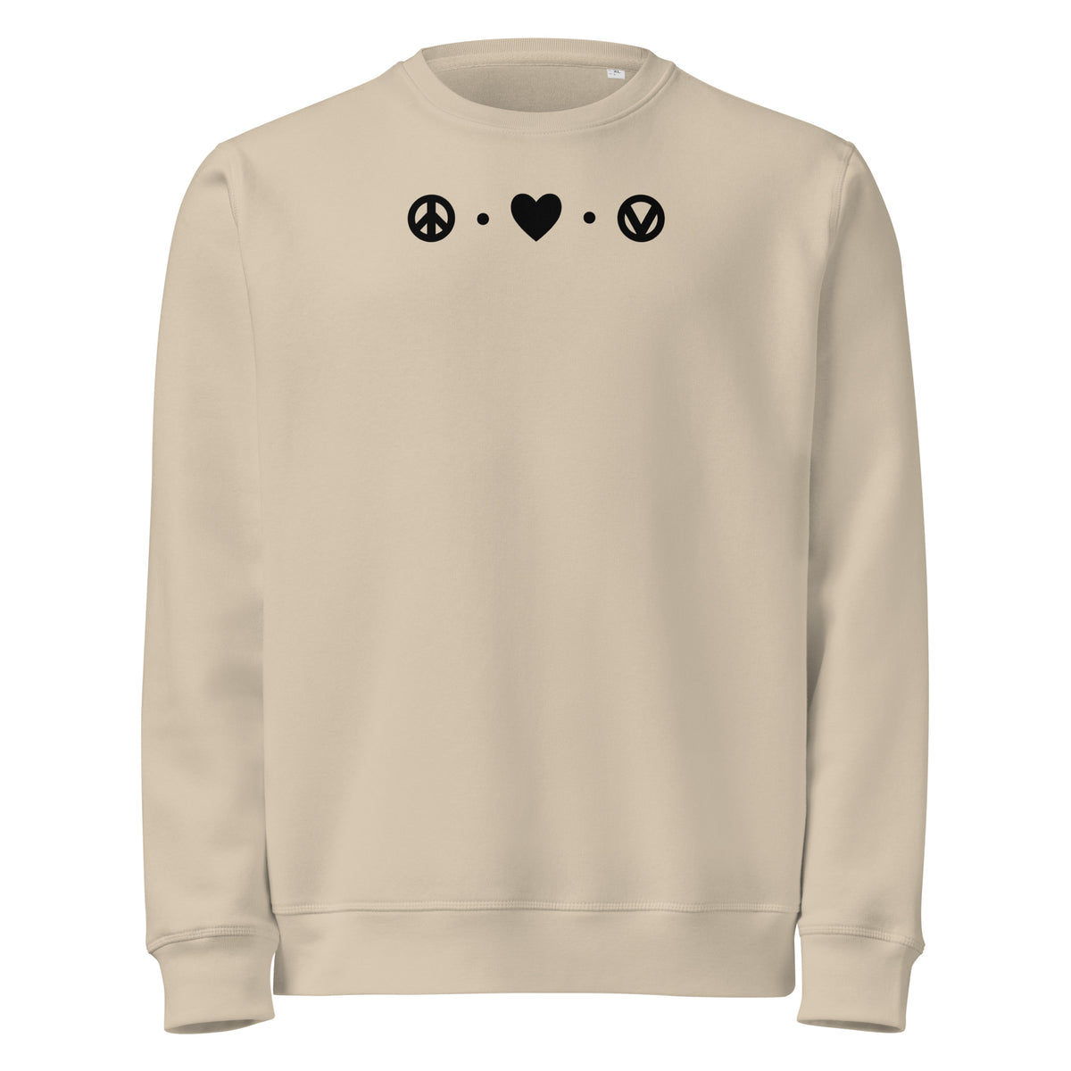 Veganes Sweatshirt in hellem Beige mit Peace- und Herz-Motiv sowie Vegan-Icon auf der Brust