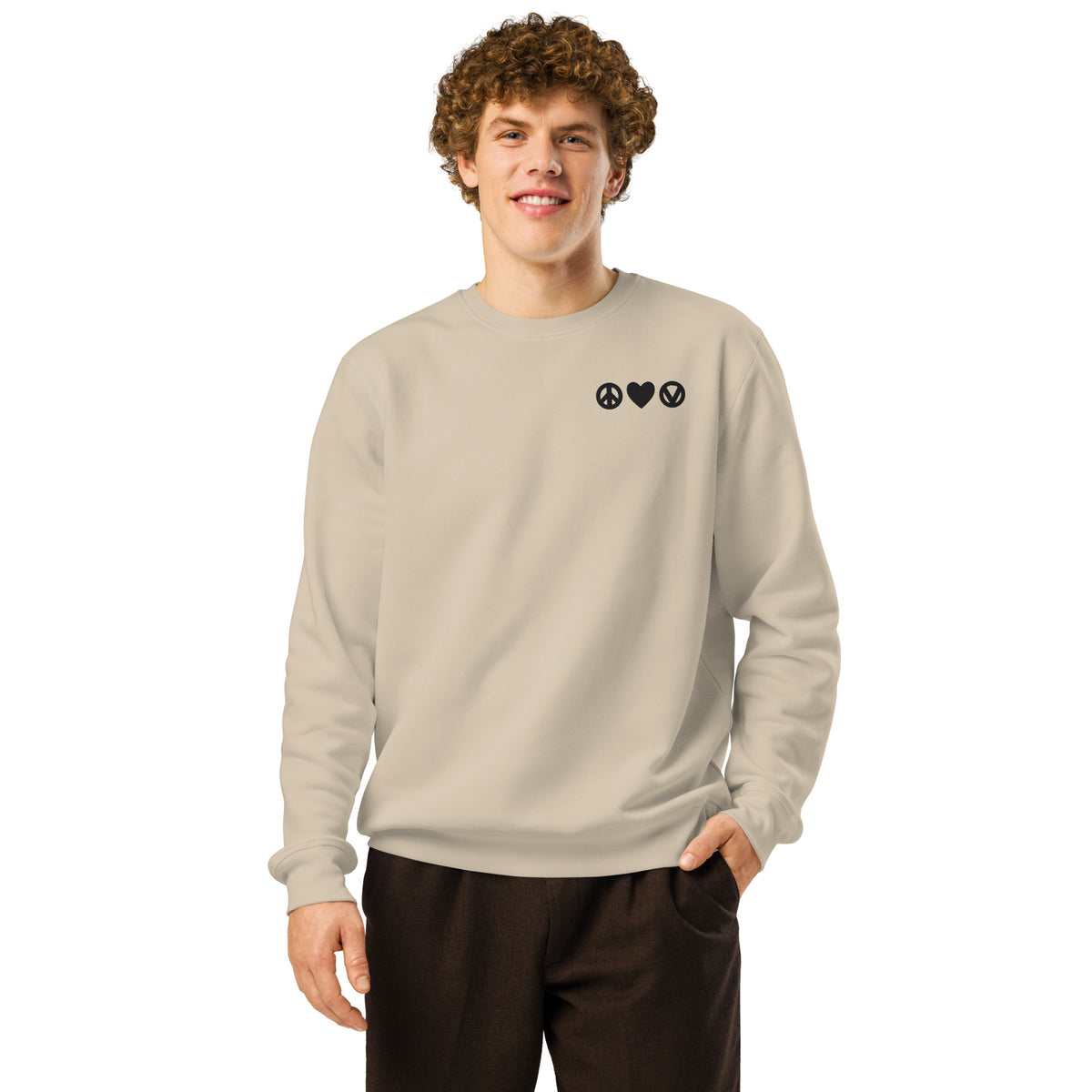 Hellbeiges Sweatshirt mit Rundhalsausschnitt und Stickerei auf der Brust