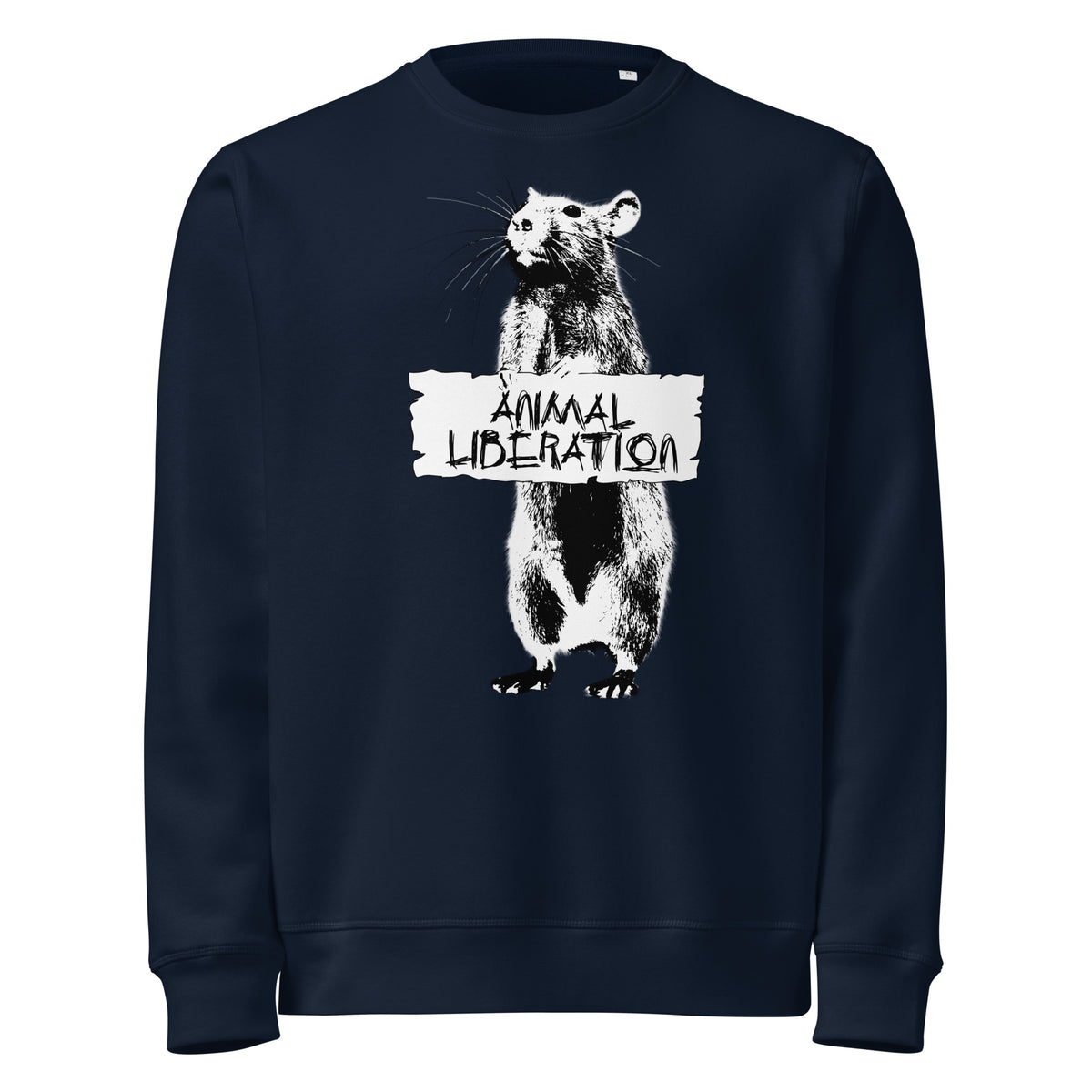 Veganes Bio-Sweatshirt, French Navy, Rundhalsausschnitt, Frontprint „Animal Liberation“