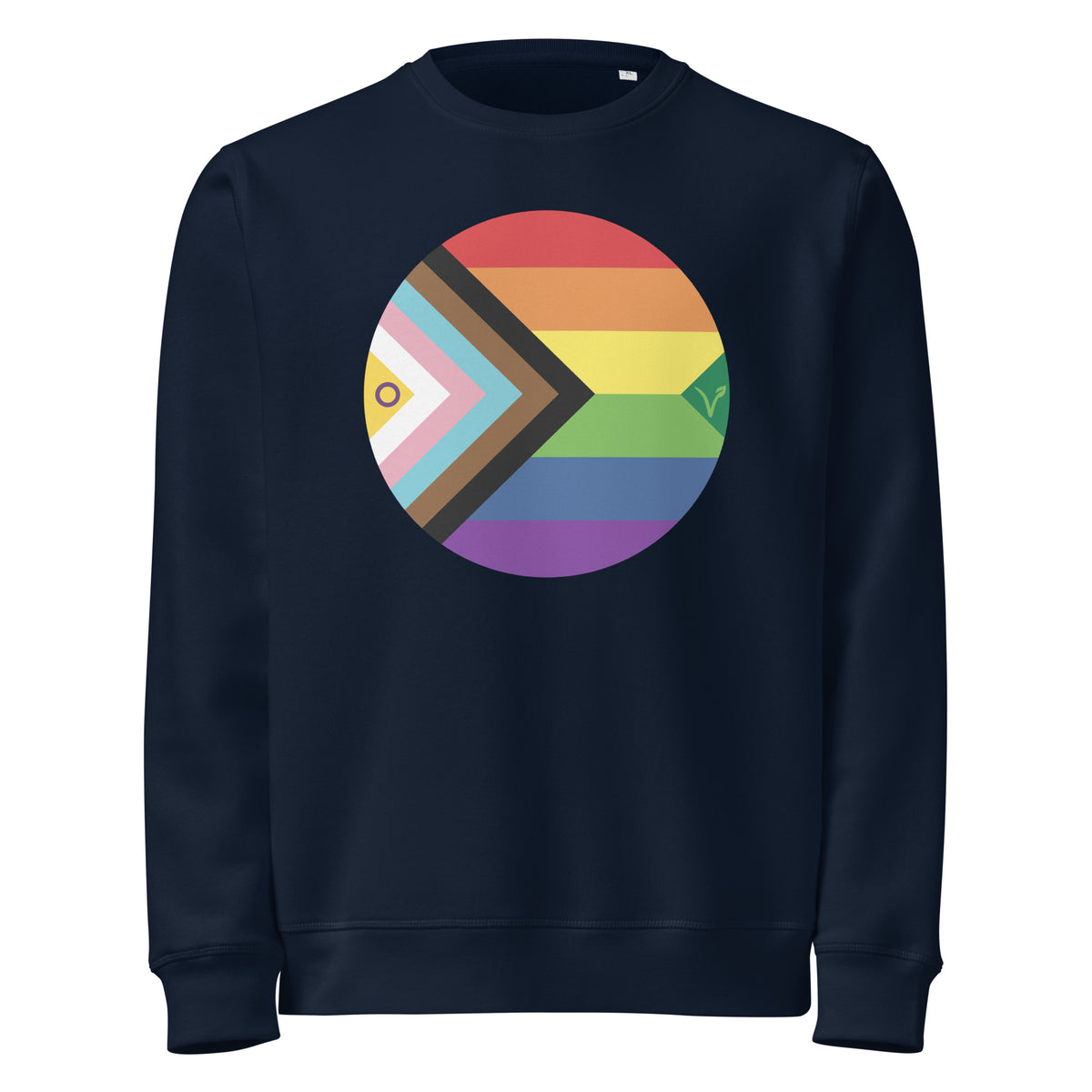 Dunkelblauer Sweatshirt mit großem Kreisaufdruck aus Regenbogen und schwarzem Pfeil