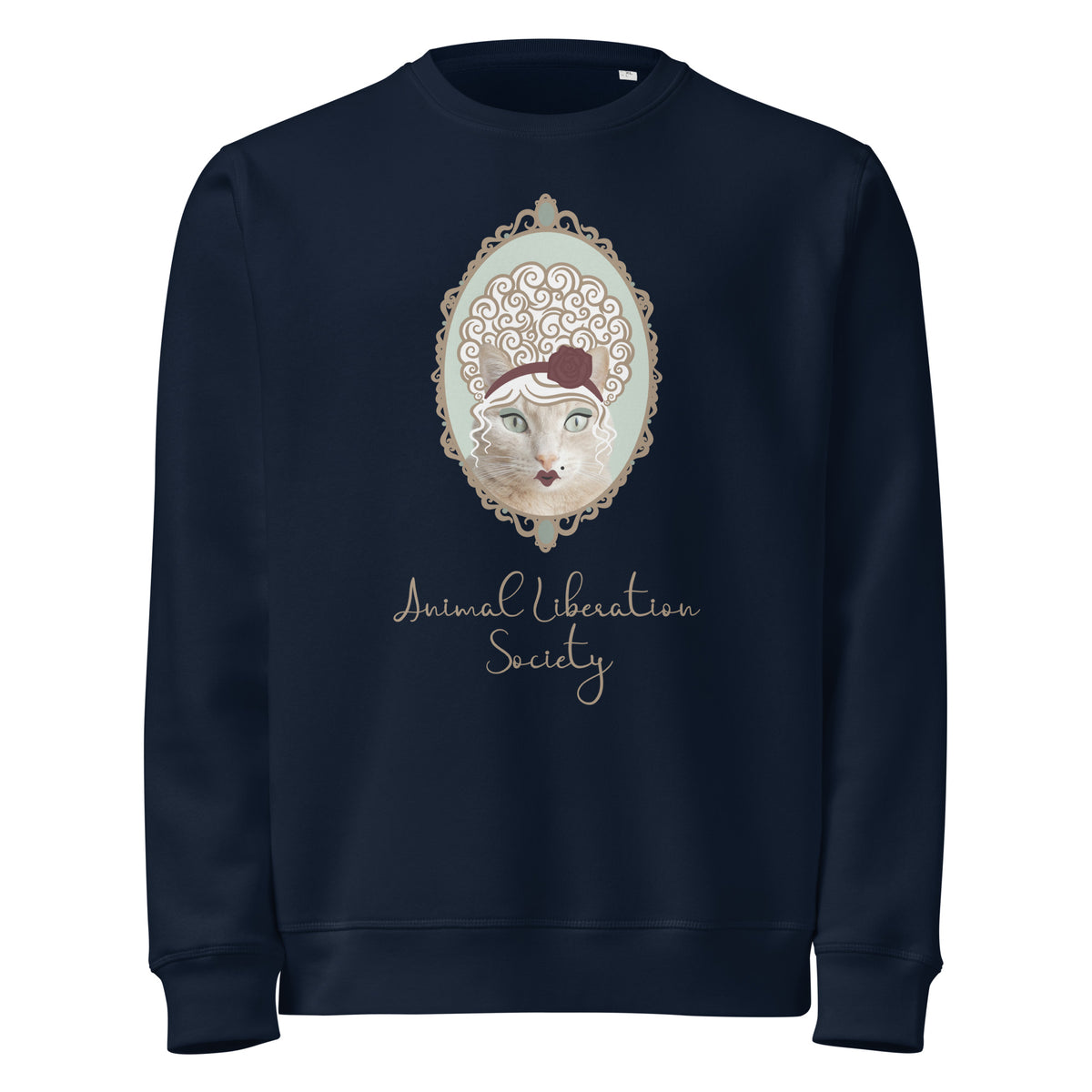 Sweatshirt in French Navy mit Katzenmotiv im Rahmen und Schriftzug vorn