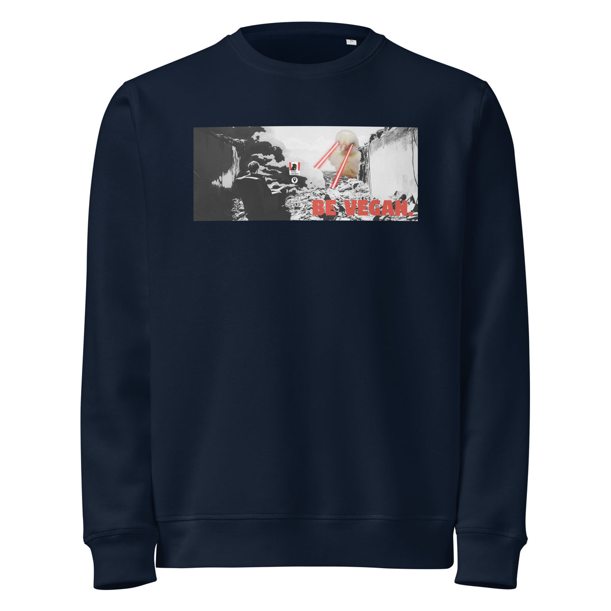 Dunkelblaues Sweatshirt mit Frontprint „BE VEGAN“