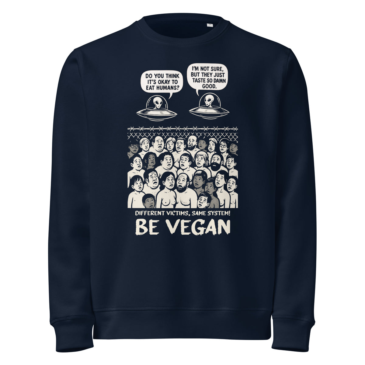 Dunkelblauer Sweatshirt mit Frontprint „BE VEGAN“ und Alien-Comic-Grafik, Rundhalsausschnitt