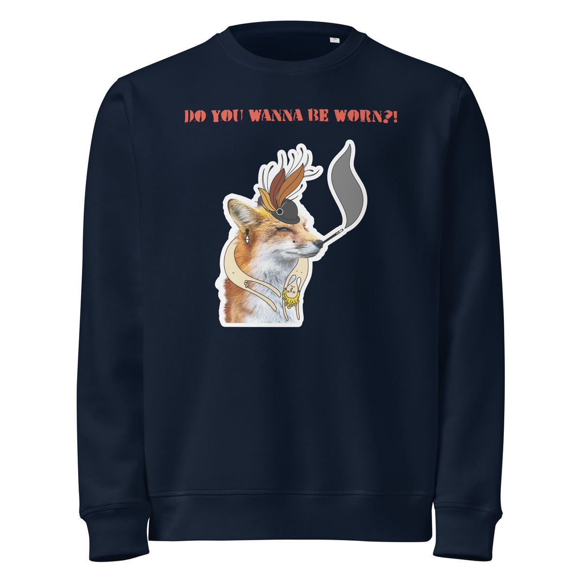 Dunkelblauer Sweatshirt mit Fuchs-Illustration und roter Aufschrift vorne