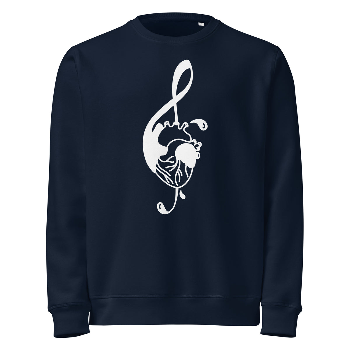 Dunkelblaues Sweatshirt mit weißem Musikherz-Illustrationsdruck auf der Vorderseite