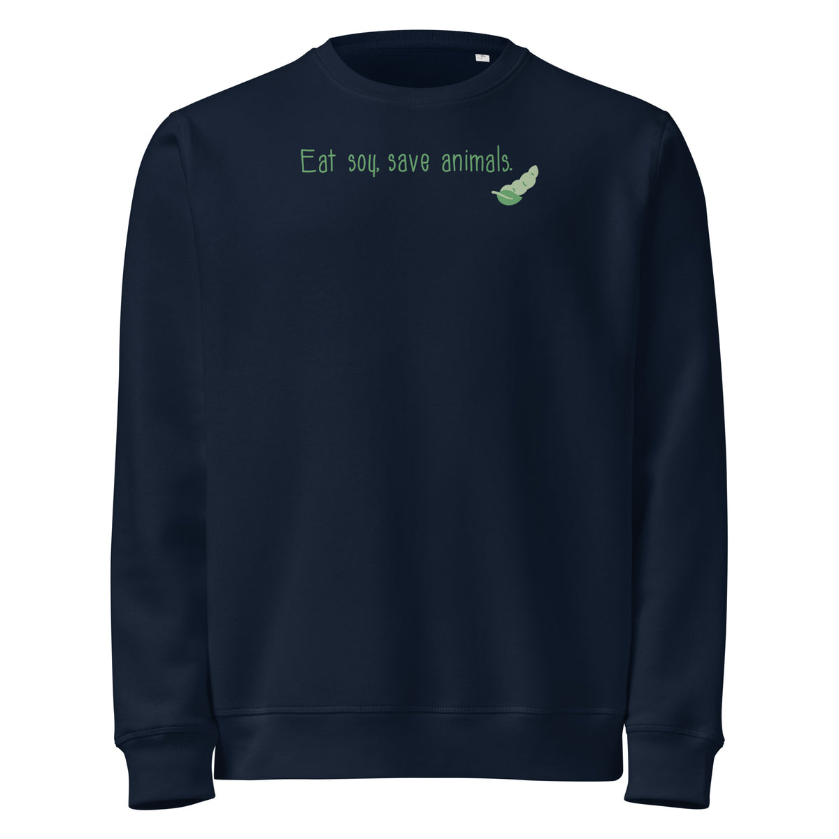 Dunkelblaues Bio-Sweatshirt mit Brustprint „Eat soy, save animals“ und kleinem Tiermotiv