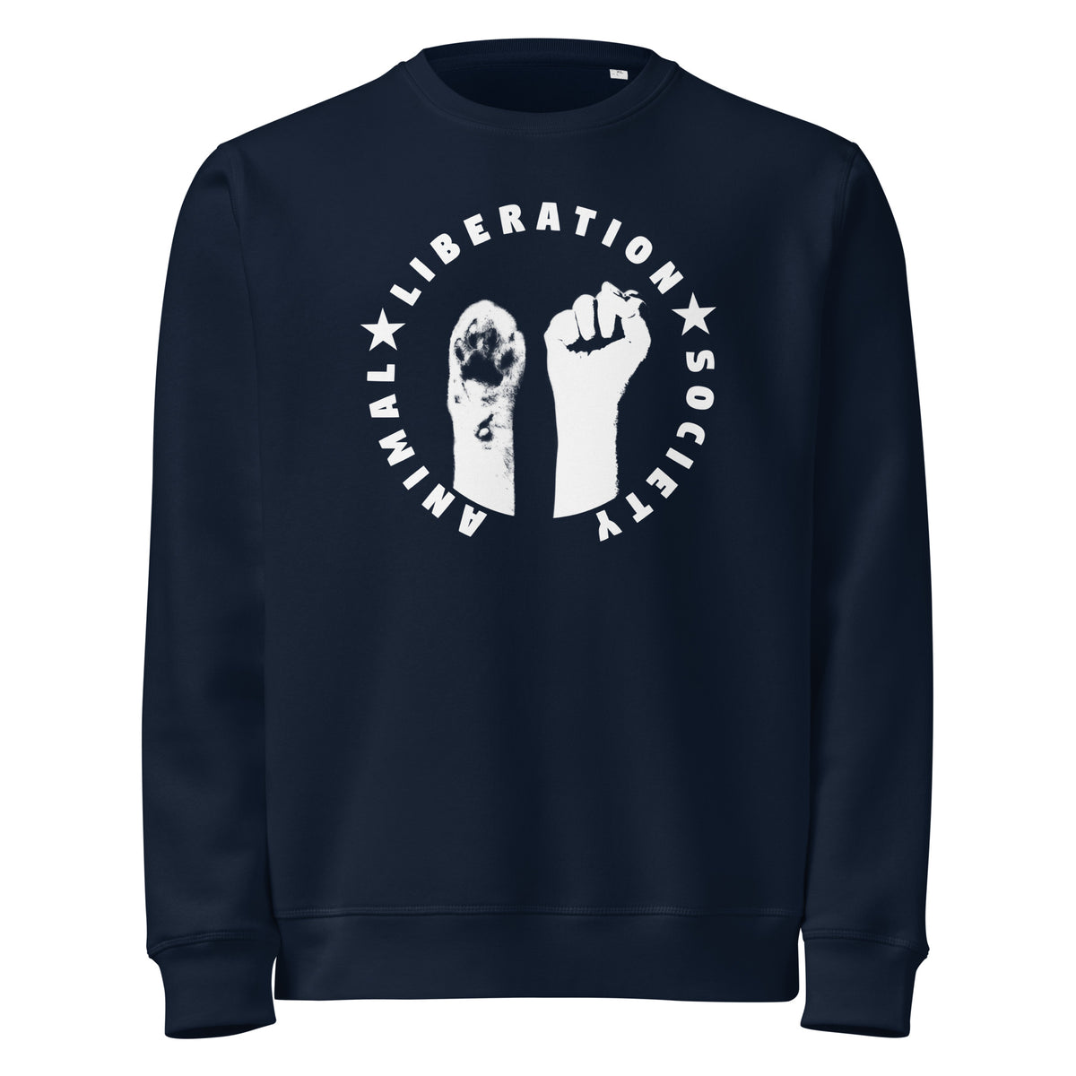 Dunkelblaues Sweatshirt mit Runddruck: erhobene Faust und Pfote, gerippter Saum