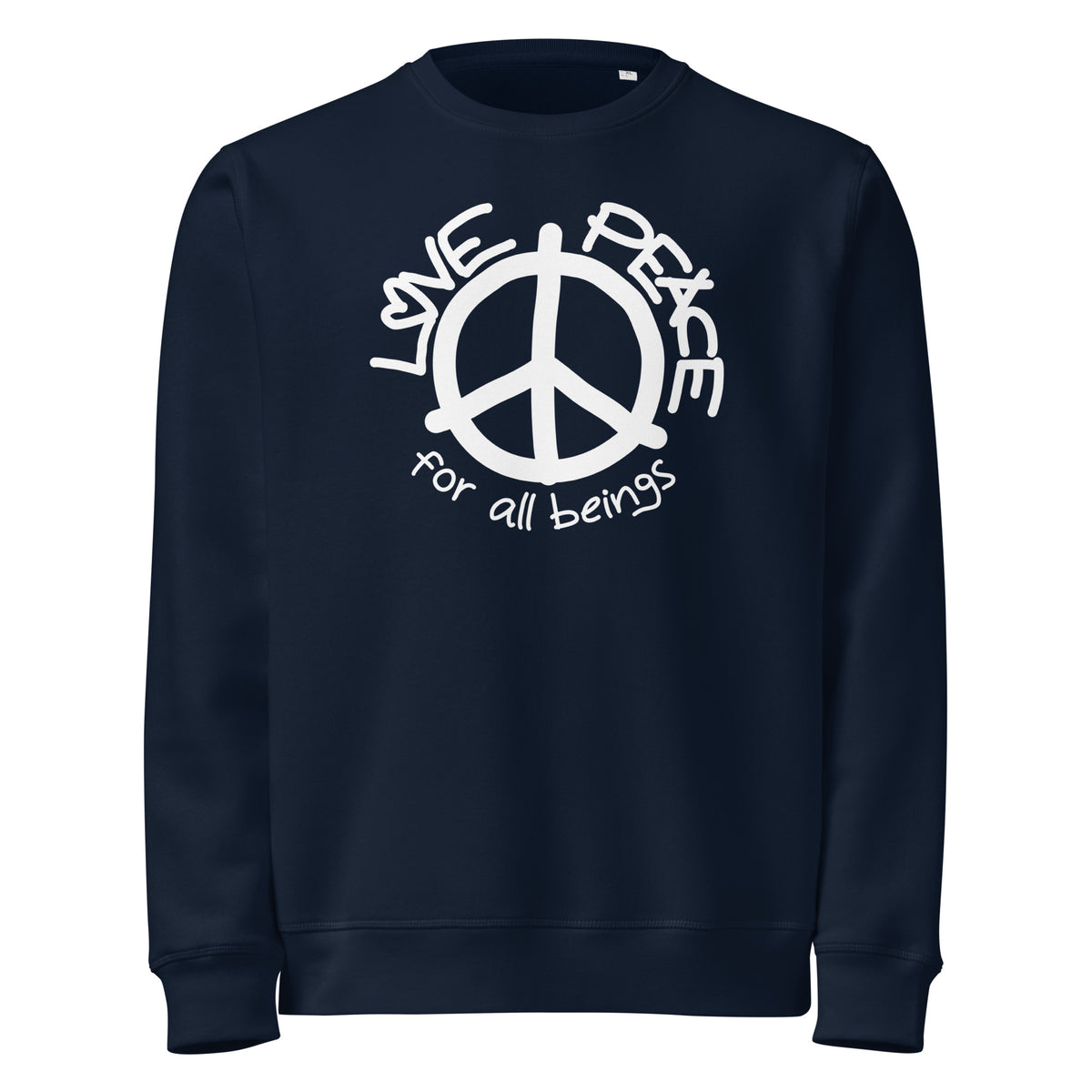French-navy Bio-Sweatshirt mit Peace-Logo und LOVE-PEACE-Print vorn