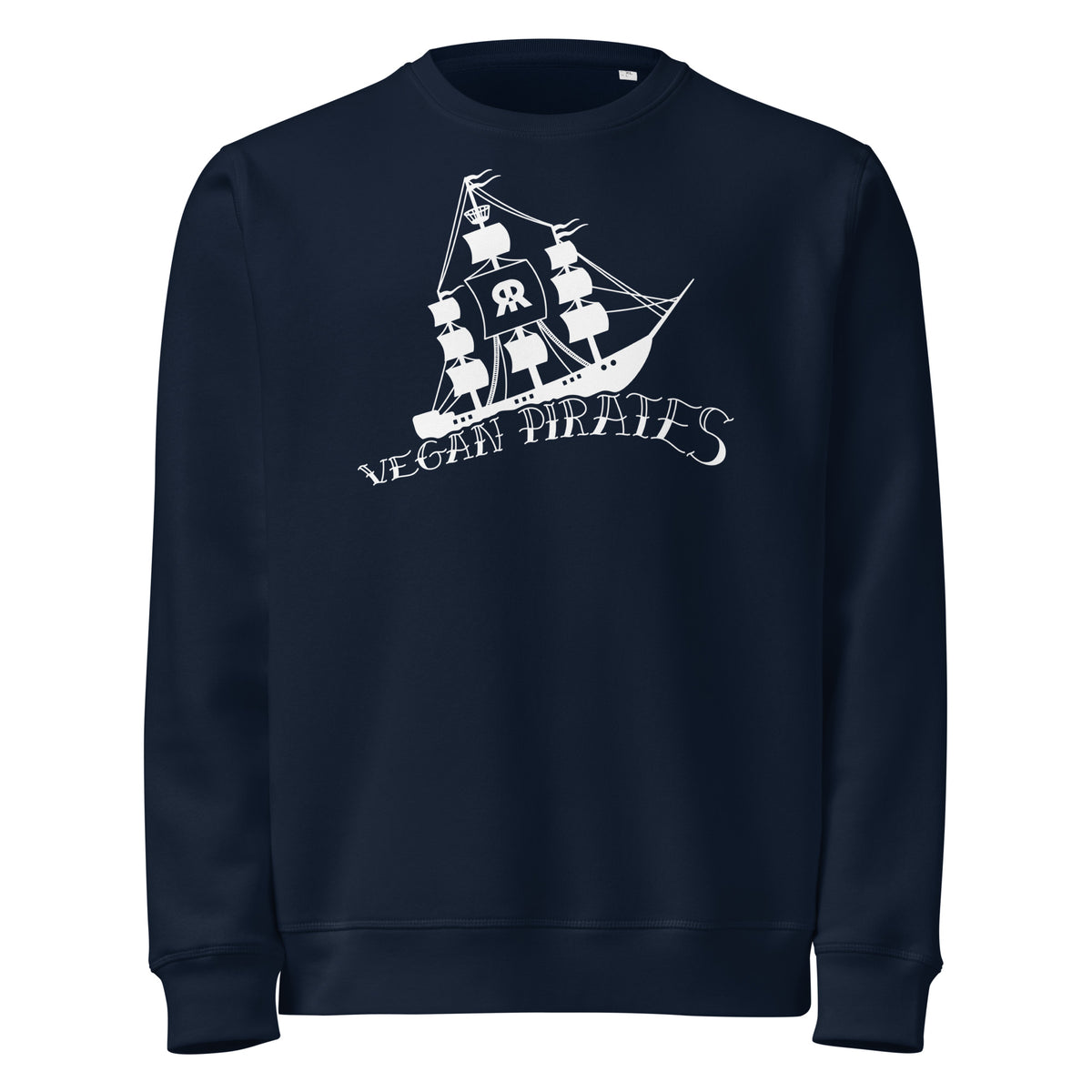 Veganes Bio-Sweatshirt dunkelblau mit großem Piratenschiff-Print vorn