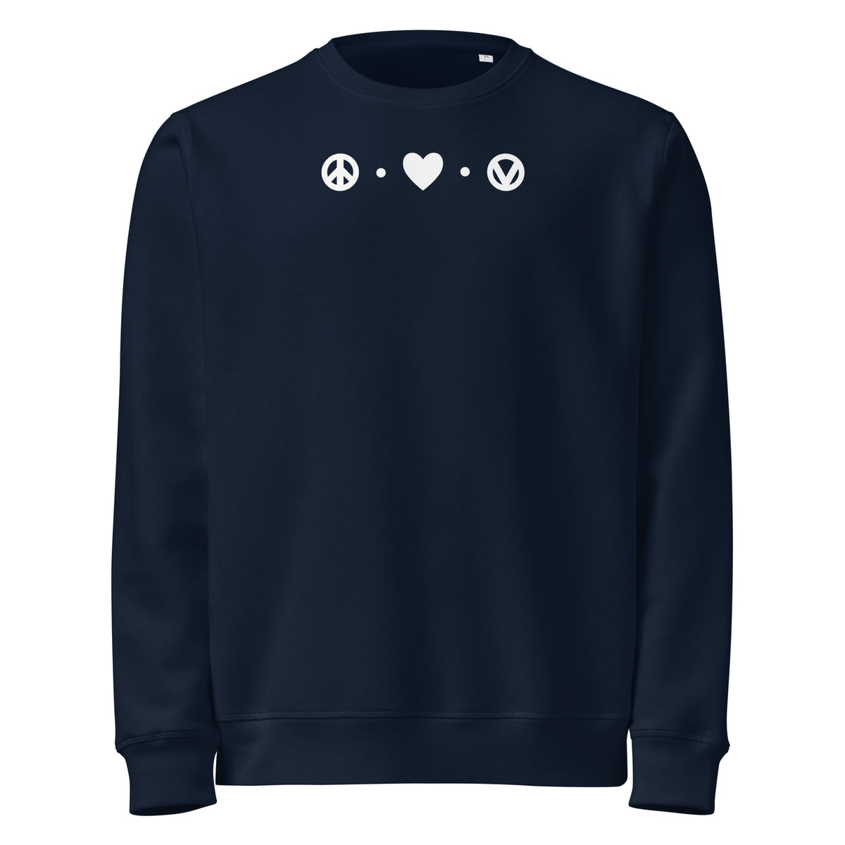 Veganes Sweatshirt in French Navy mit Peace- und Herz-Motiv sowie Vegan-Icon auf der Brust