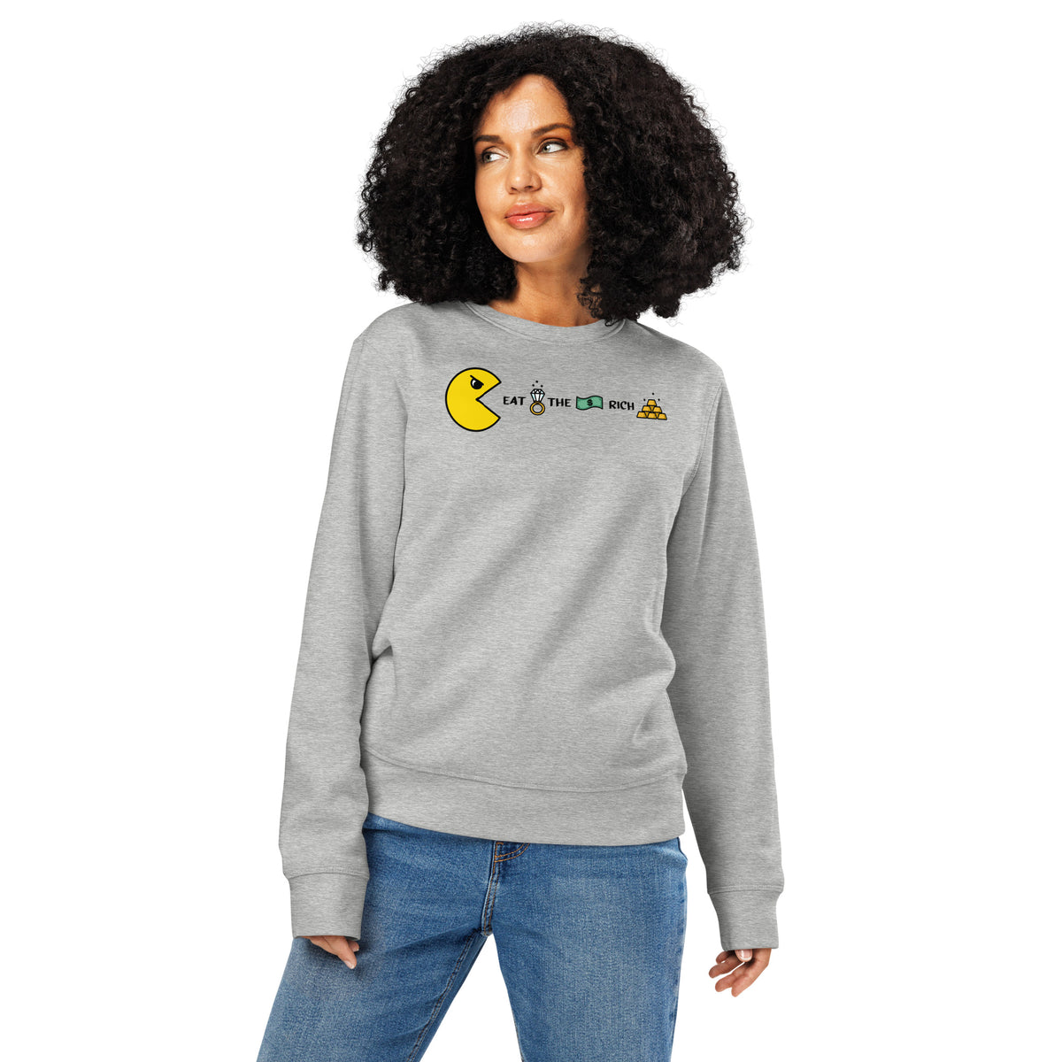 Heather-Grau Bio-Sweatshirt mit Frontprint, getragen mit Rundhalsausschnitt