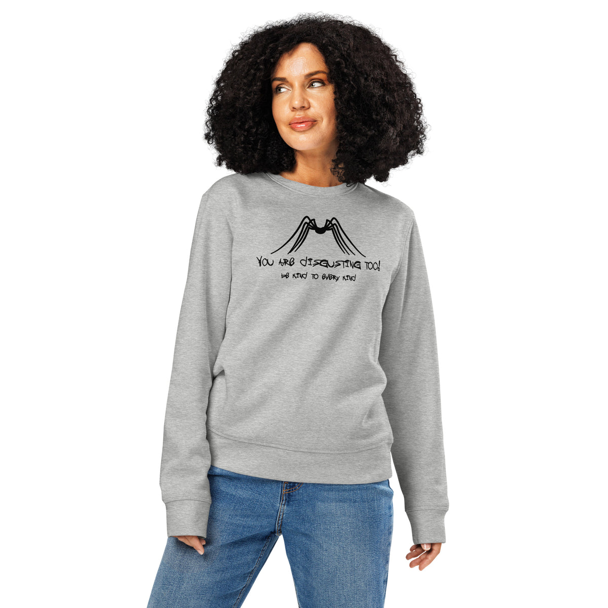Meliertes graues Sweatshirt am Modell, Rundhalsausschnitt, Frontprint, lange Ärmel