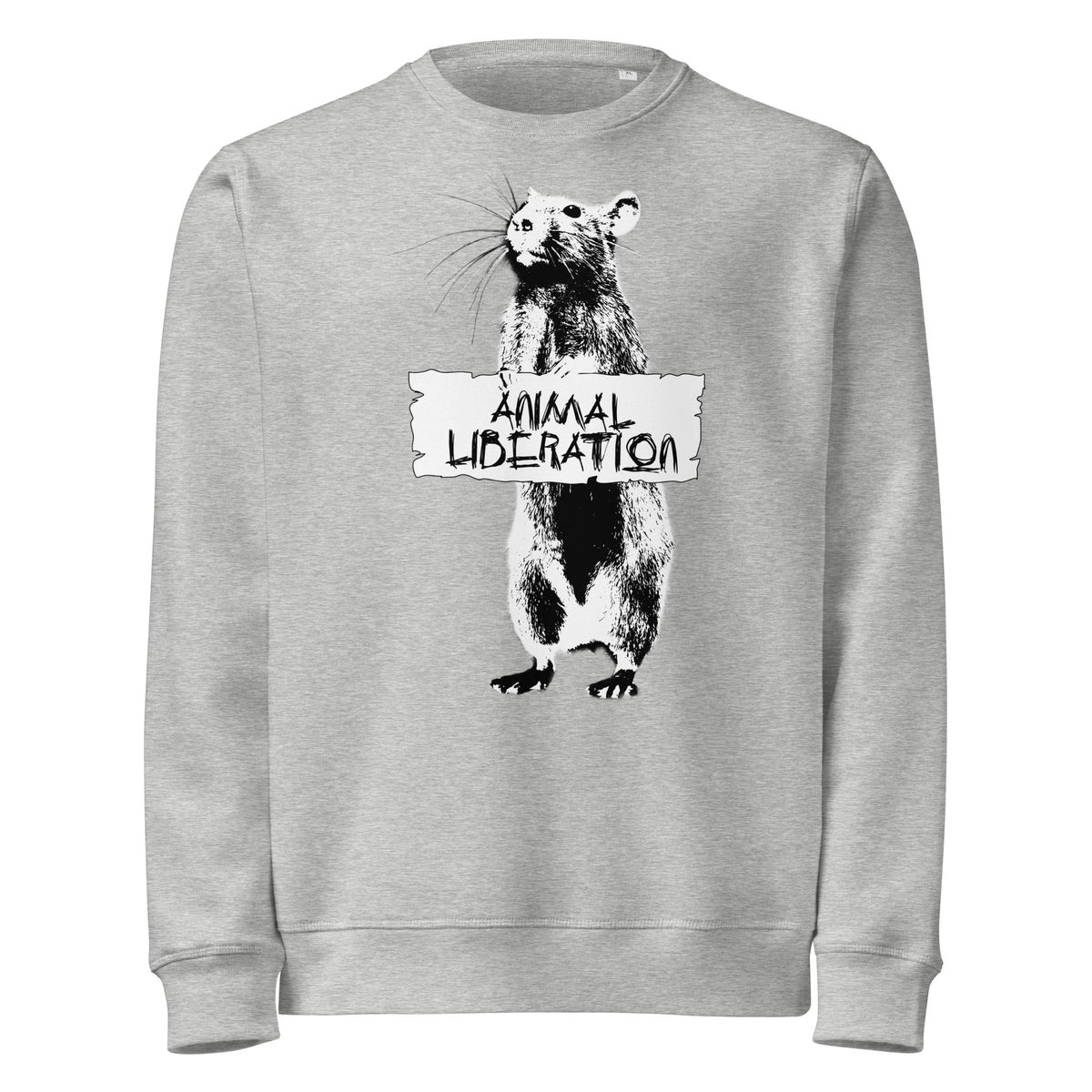 Veganes Bio-Sweatshirt, Heather Grau, Rundhalsausschnitt, Frontprint „Animal Liberation“