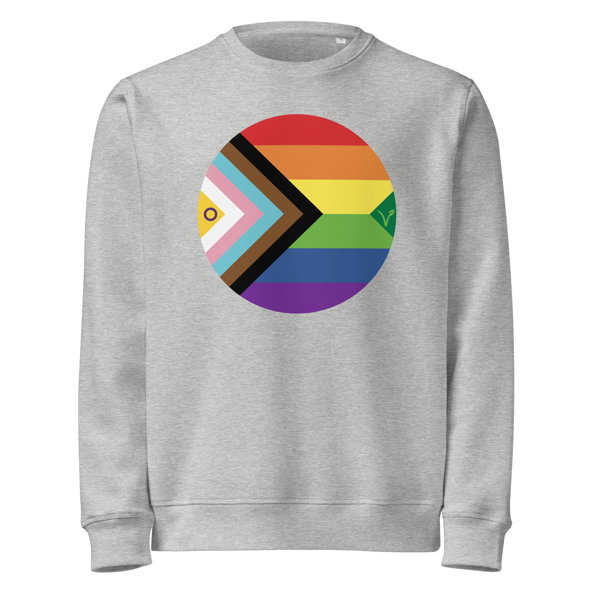 Grau melierter Sweatshirt mit großem Kreisaufdruck aus Regenbogen und schwarzem Pfeil