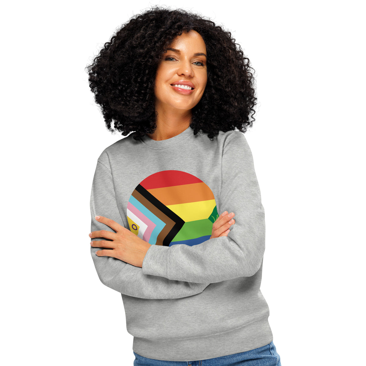 Grau melierter Sweatshirt an Person mit großem Kreisaufdruck aus Regenbogen und Pfeil