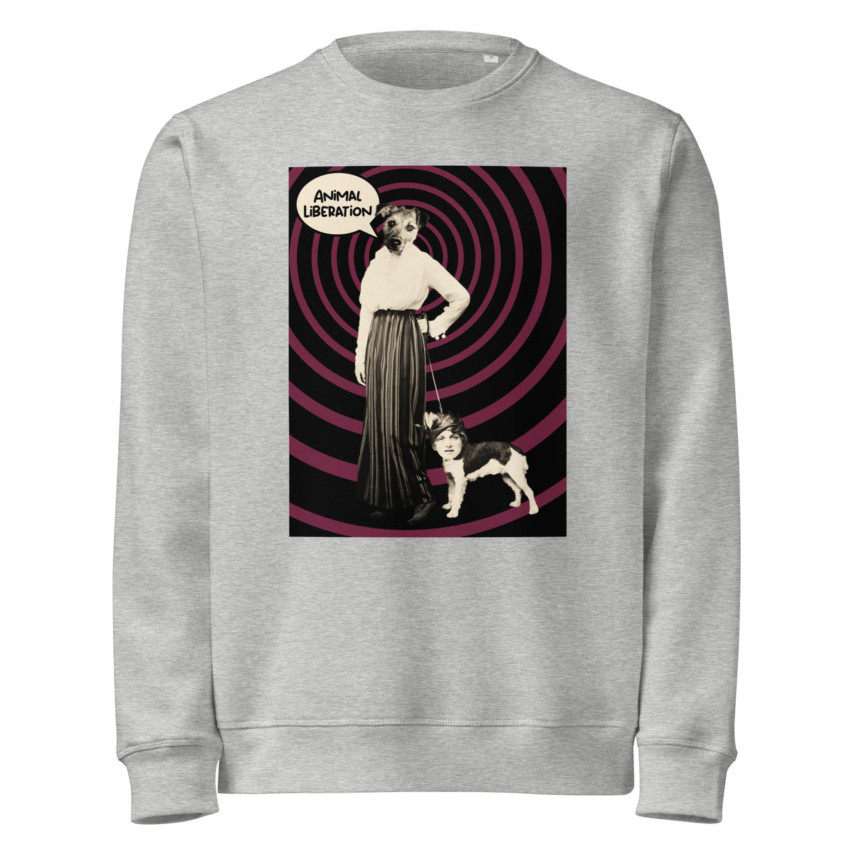 Grau meliertes Sweatshirt mit Rundhalsausschnitt und großem Tierschutz-Print vorn