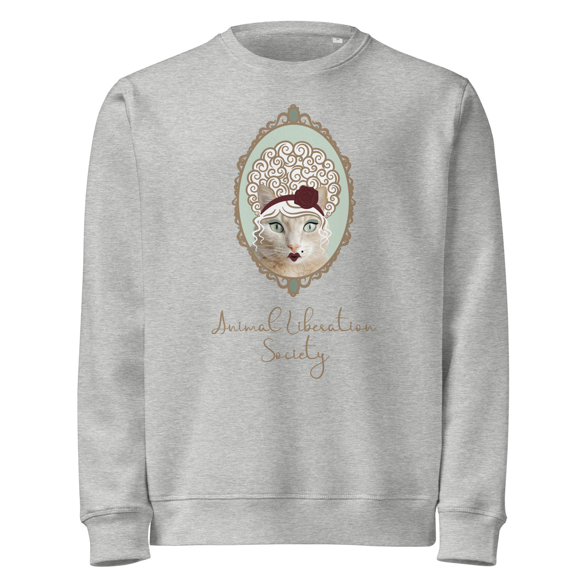 Grau meliertes Sweatshirt mit Katzenmotiv im Rahmen und Schriftzug vorn