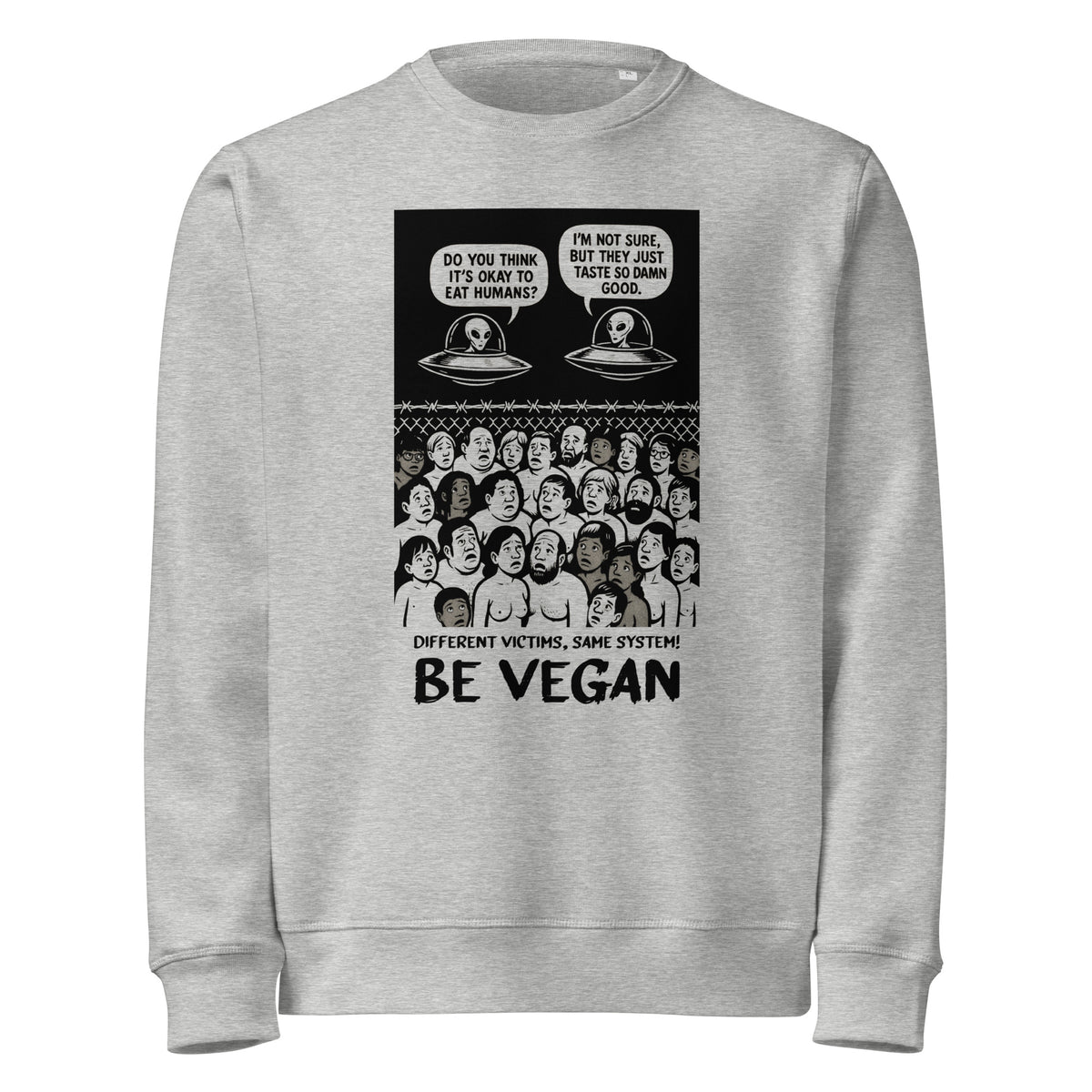 Hellgrauer Sweatshirt mit Frontprint „BE VEGAN“ und Alien-Comic-Grafik, Rundhalsausschnitt